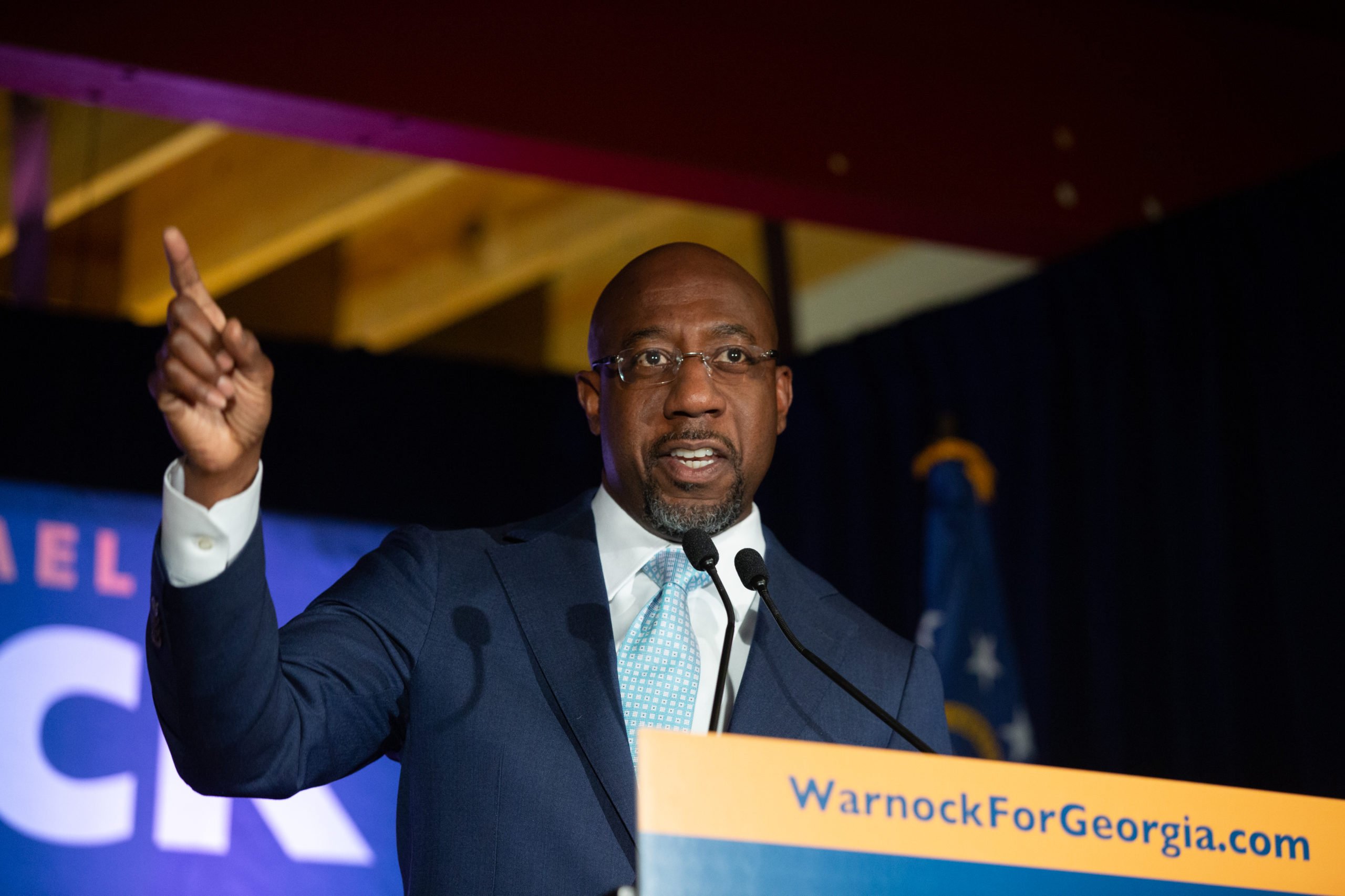 ATLANTA, GA - NOVEMBER 03: Democratic U.S. Senate candidate Rev. Raphael Warnock speaks during an Election Night event on November 3, 2020 in Atlanta, Georgia. Democratic Senate candidate Rev. Raphael Warnock is running in a special election against a crowded field, including U.S. Sen. Kelly Loeffler (R-GA), who was appointed by Gov. Brian Kemp to replace Johnny Isakson at the end of last year. Georgia is the only state with two Senate seats on the November 3 ballot. (Photo by Jessica McGowan/Getty Images)