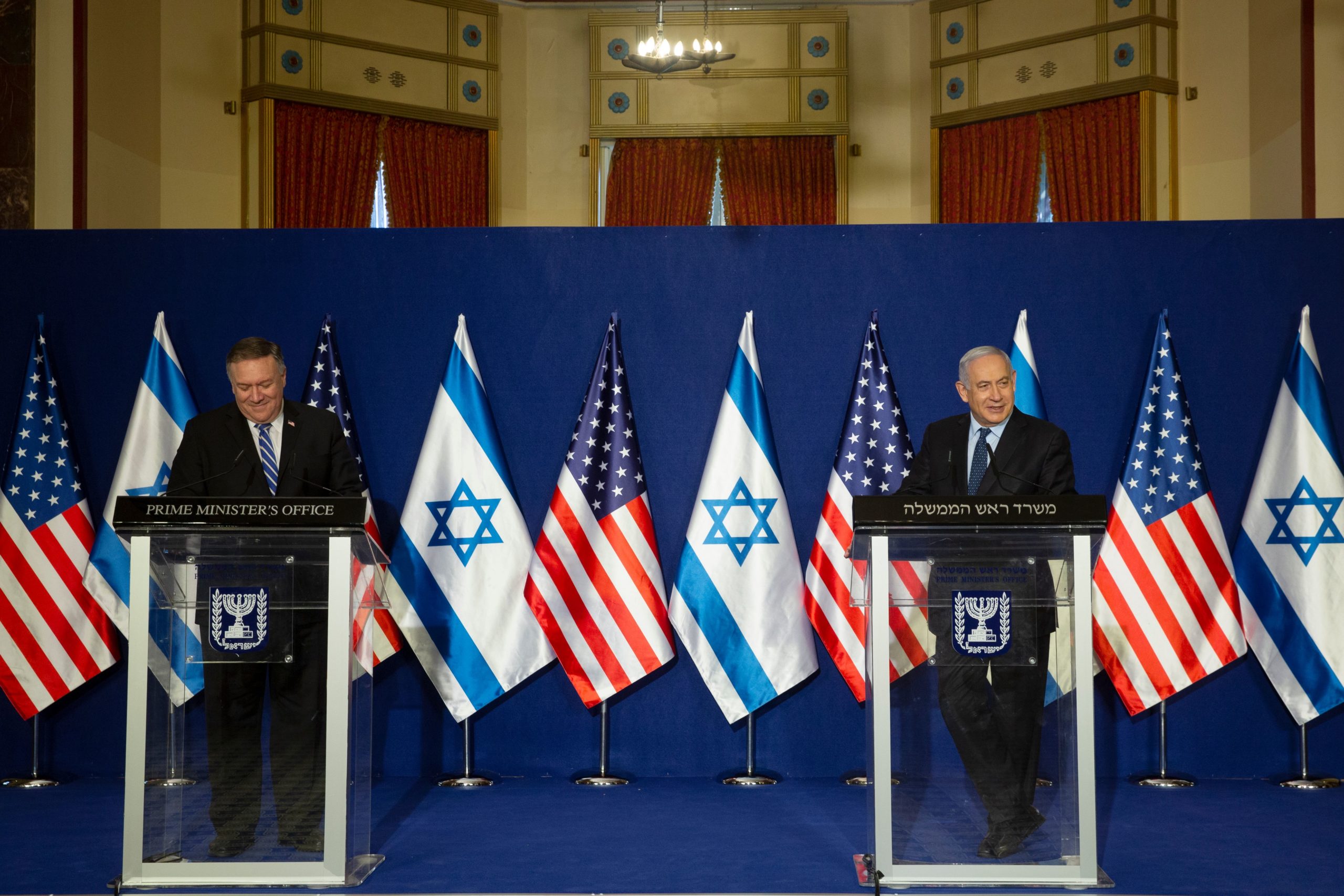 Sec. of State Mike Pompeo and Israeli Prime Minister Benjamin Netanyahu make a joint statement after meeting in Jerusalem on Thursday. (Maya Alleruzzo/Pool/AFP via Getty Images)