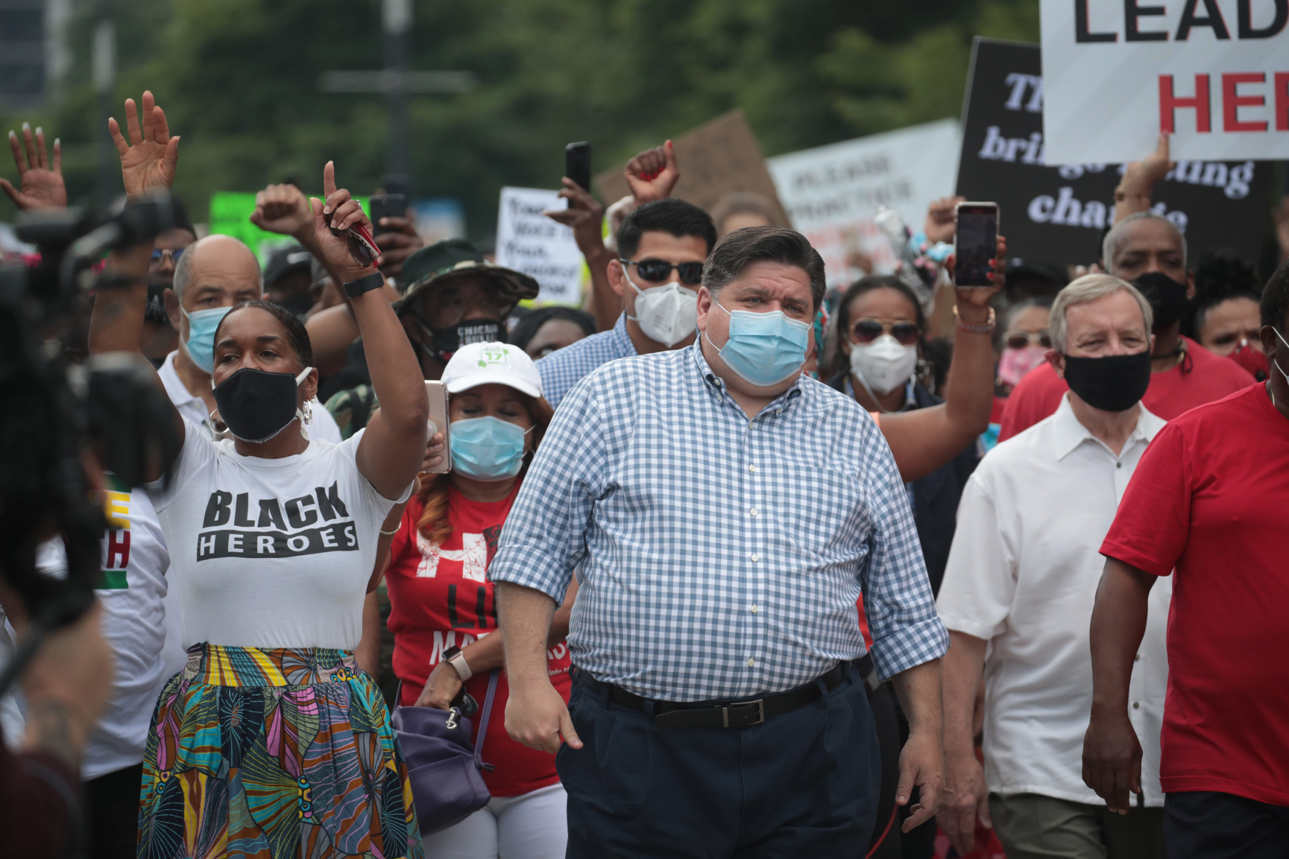 CHICAGO, ILLINOIS - JUNE 19: Illinois Governor J.B. Pritzker participates in a Juneteenth march organized by faith leaders on June 19, 2020 in Chicago, Illinois. Juneteenth commemorates June 19, 1865, when a Union general read orders in Galveston, Texas stating all enslaved people in Texas were free according to federal law. (Photo by Scott Olson/Getty Images)