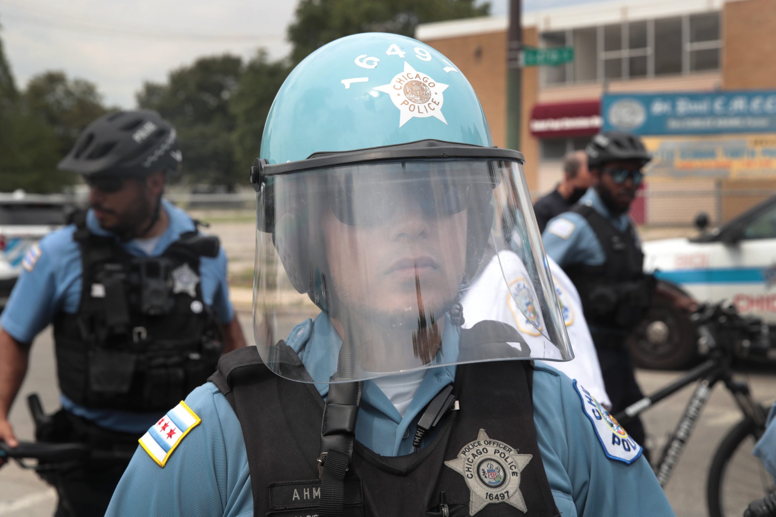 CHICAGO, ILLINOIS - AUGUST 15: Police block a street to prevent demonstrators, protesting police brutality, from marching toward the freeway on August 15, 2020 in Chicago, Illinois. The demonstration was one of several in the city today, either in support of or in opposition to police. (Scott Olson/Getty Images)