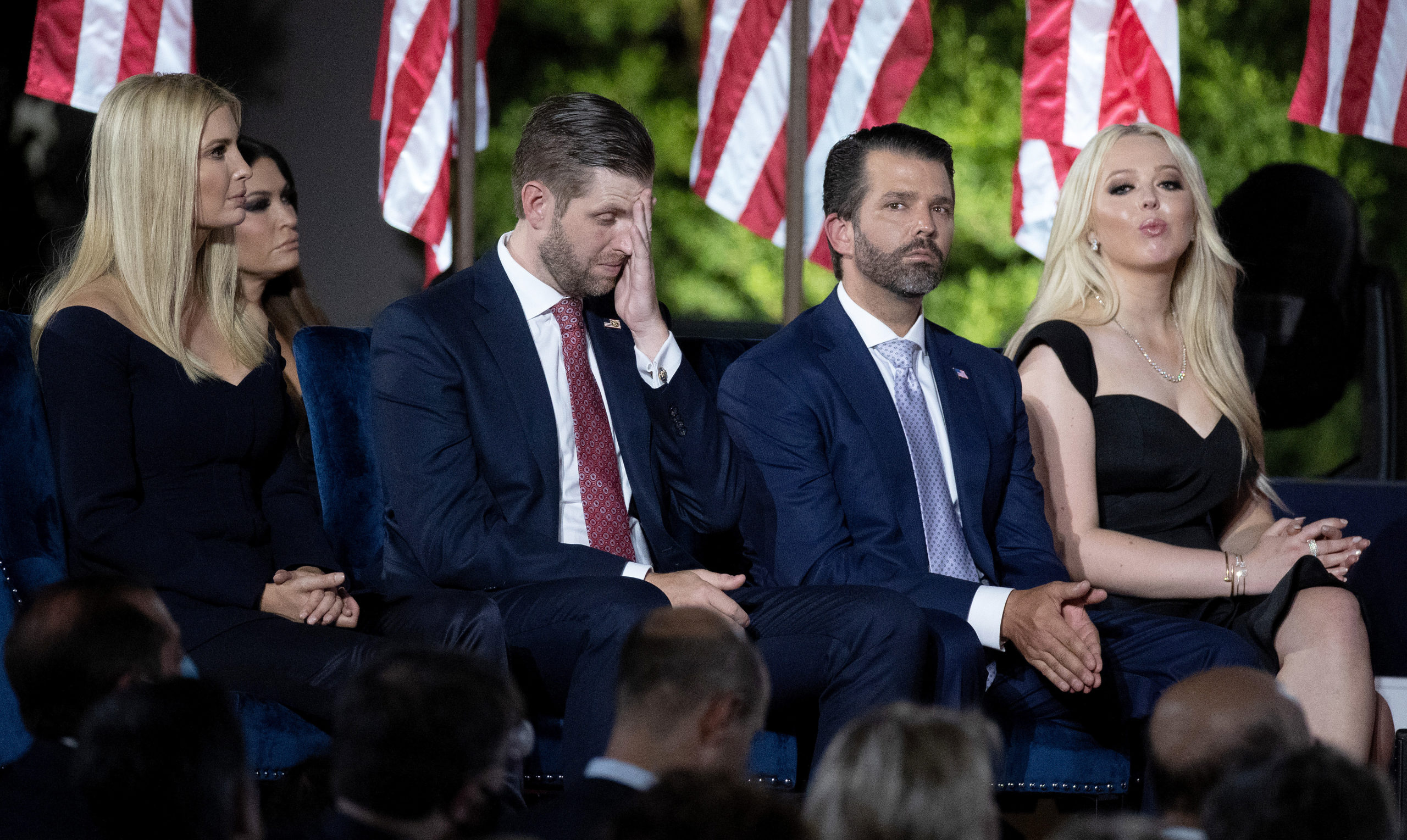 WASHINGTON, DC - AUGUST 27: U.S. President Donald Trump's children, (L-R) Ivanka Trump, Eric Trump, Donald Trump Jr. and Tiffany Trump, sit on the stage as their father delivers his 70-minute acceptance speech for the Republican presidential nomination on the South Lawn of the White House August 27, 2020 in Washington, DC. Trump gave the speech in front of 1500 invited guests. (Photo by Chip Somodevilla/Getty Images)