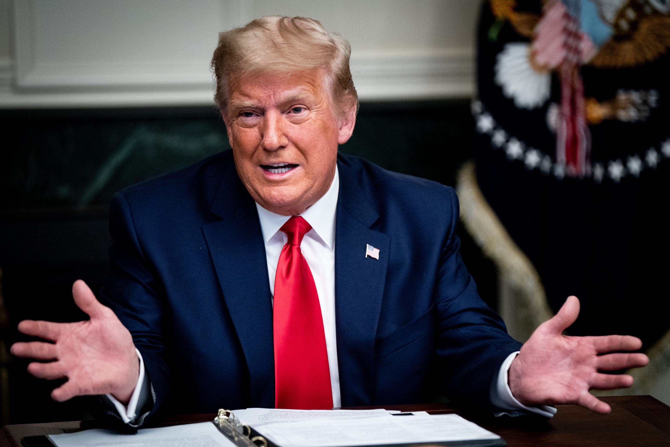 WASHINGTON, DC - NOVEMBER 26: President Donald Trump speaks in the Diplomatic Room of the White House on Thanksgiving on November 26, 2020 in Washington, DC. Trump had earlier made the traditional call to members of the military stationed abroad through video teleconference. (Erin Schaff - Pool/Getty Images)