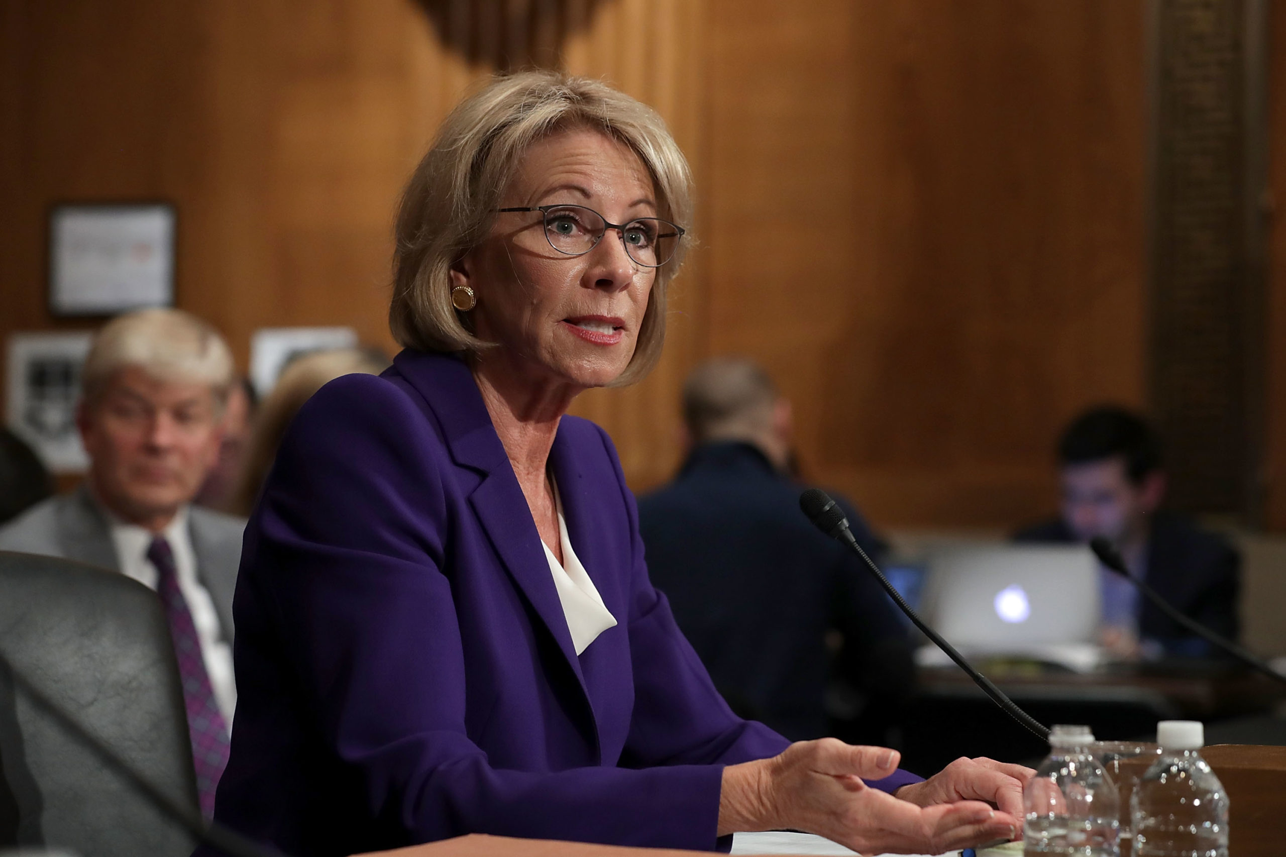 WASHINGTON, DC - JANUARY 17: Betsy DeVos, President-elect Donald Trump's pick to be the next Secretary of Education, testifies during her confirmation hearing before the Senate Health, Education, Labor and Pensions Committee in the Dirksen Senate Office Building on Capitol Hill January 17, 2017 in Washington, DC. DeVos is known for her advocacy of school choice and education voucher programs and is a long-time leader of the Republican Party in Michigan. (Photo by Chip Somodevilla/Getty Images)