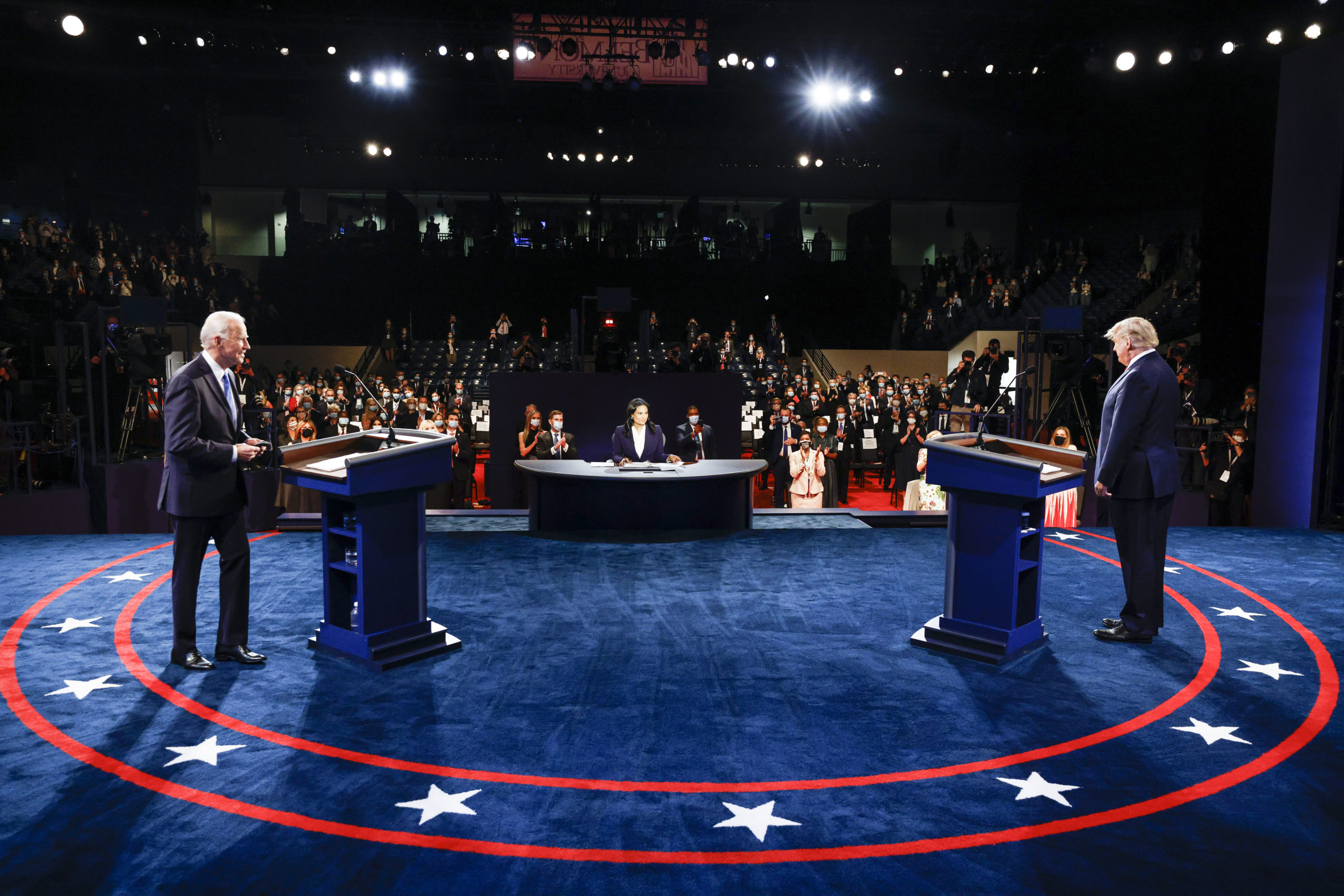 NASHVILLE, TENNESSEE - OCTOBER 22: U.S. President Donald Trump and Democratic presidential nominee Joe Biden arrive onstage for the final presidential debate at Belmont University on October 22, 2020 in Nashville, Tennessee. (Photo by Jim Bourg-Pool/Getty Images)