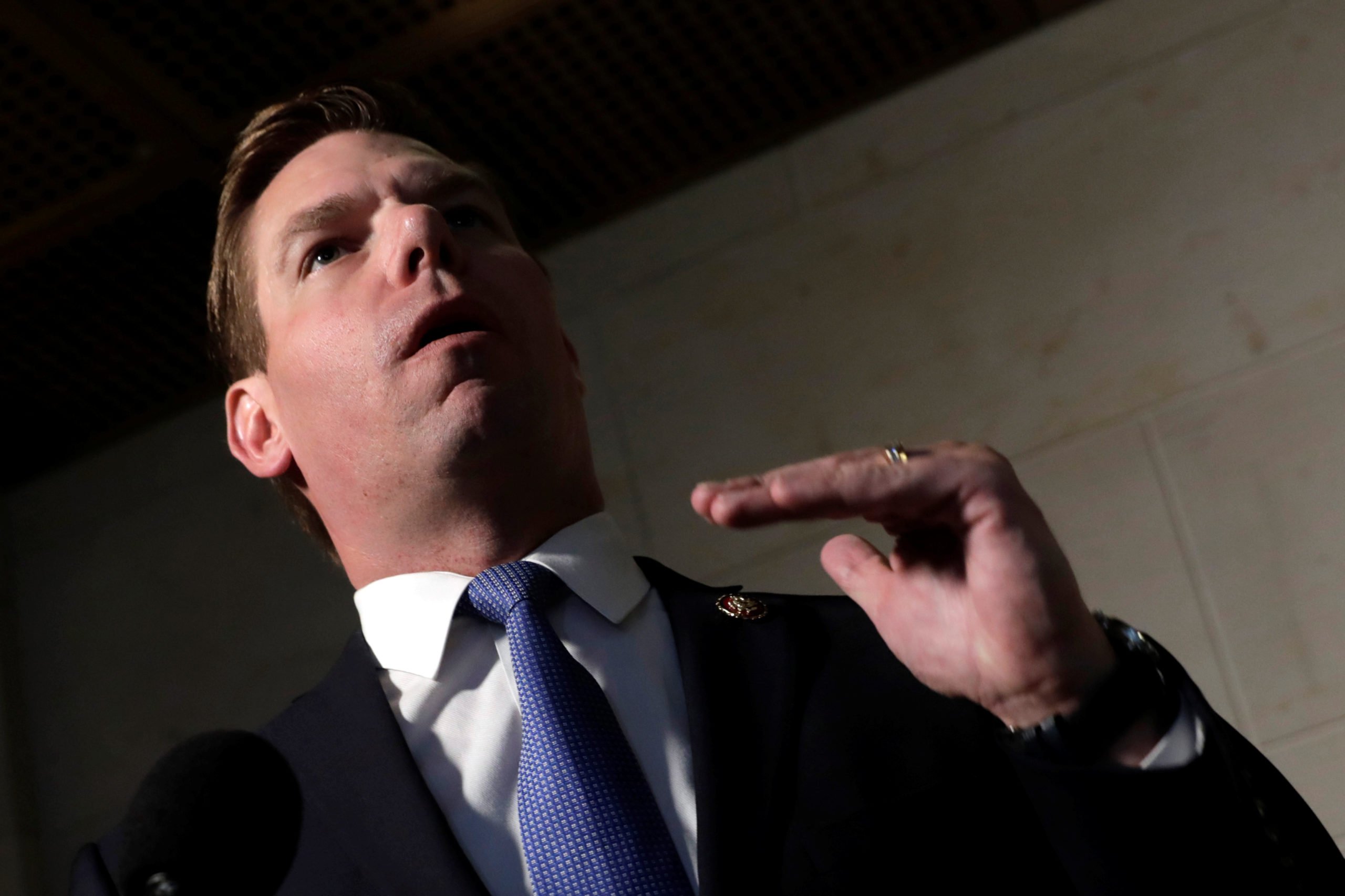 Congressman Eric Swalwell (D-CA) talks to reporters outside a secure area as Deputy Assistant Secretary of Defense Laura Cooper testifies in a closed-door deposition as part of the U.S. House of Representatives impeachment inquiry into U.S. President Donald Trump on Capitol Hill in Washington, U.S., October 23, 2019. REUTERS/Yuri Gripas