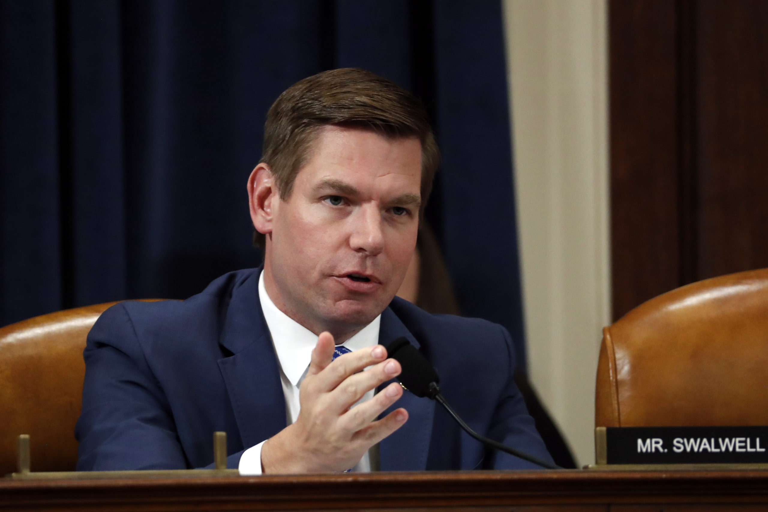 WASHINGTON, DC - NOVEMBER 19: U.S. Rep. Eric Swalwell (D-CA) questions Ambassador Kurt Volker, former special envoy to Ukraine, and Tim Morrison, a former official at the National Security Council, as they testify before the House Intelligence Committee on Capitol Hill November 19, 2019 in Washington, DC. The committee heard testimony during the third day of open hearings in the impeachment inquiry against U.S. President Donald Trump, whom House Democrats say held back U.S. military aid for Ukraine while demanding it investigate his political rivals. (Photo by Jacquelyn Martin - Pool/Getty Images)