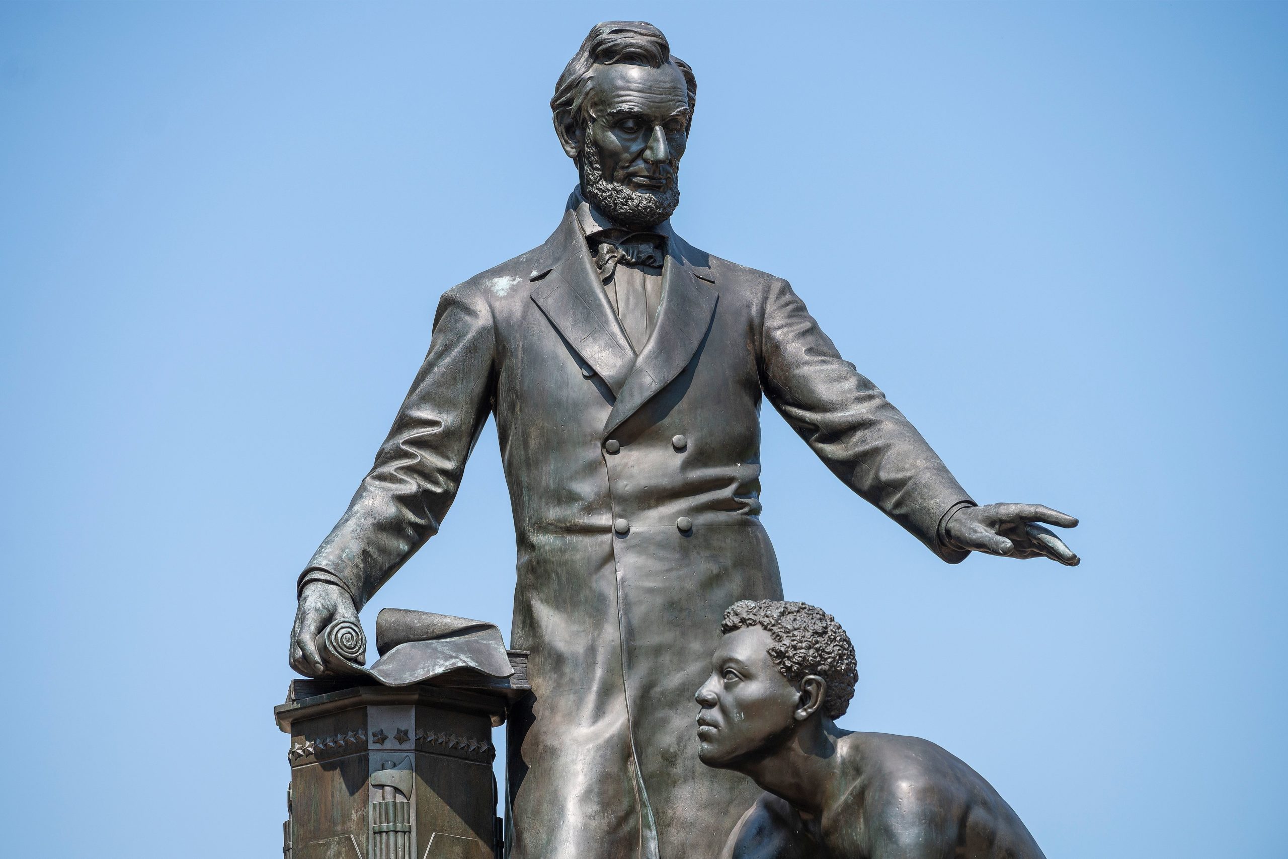 The Lincoln Park 'Emancipation' statue, a statue that is among monuments drawing scrutiny that depicts former US President Abraham Lincoln standing over a kneeling freed Africans American man, is seen in Washington, DC, on June 22, 2020. (Photo by JIM WATSON / AFP) (Photo by JIM WATSON/AFP via Getty Images)