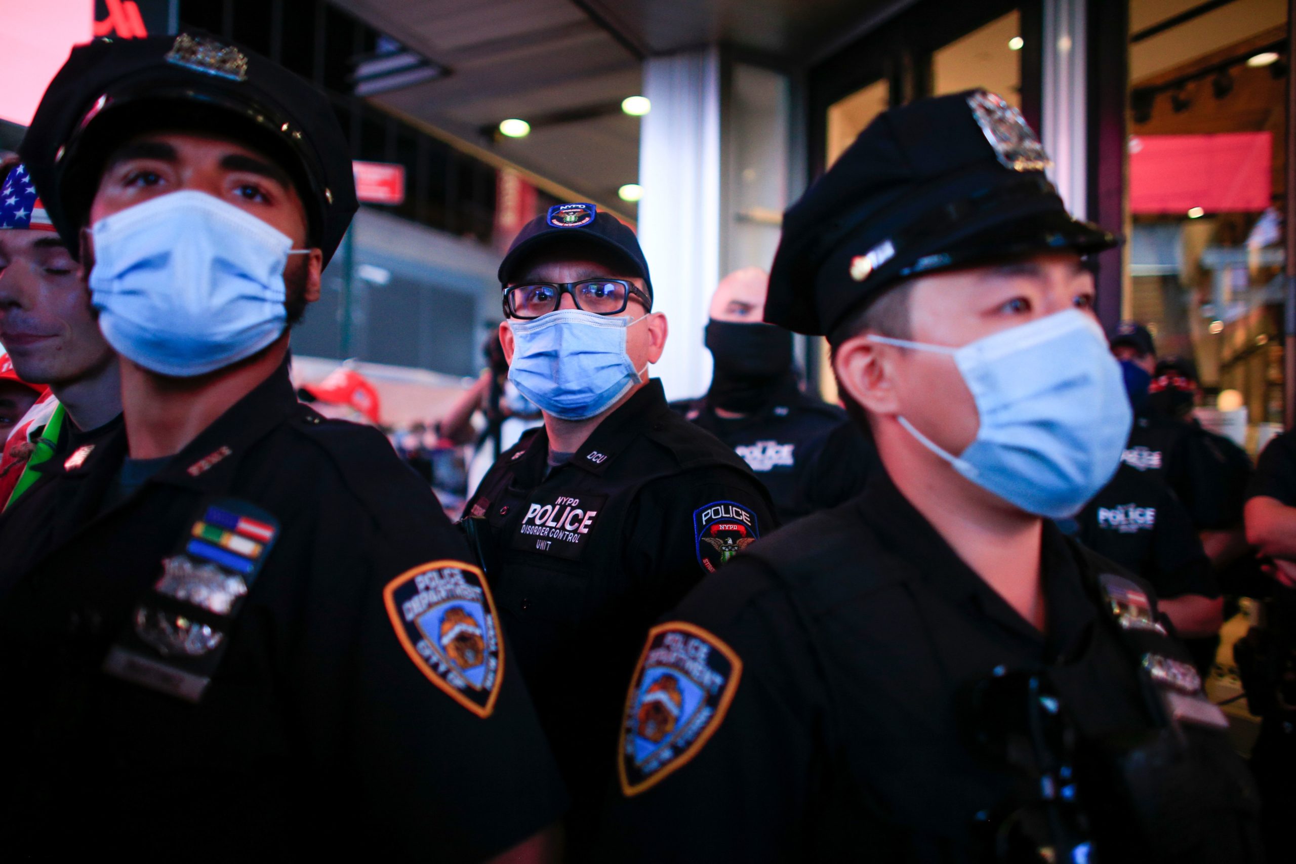 NYPD officers stand guard during a protest to demand justice for Daniel Prude, on September 3, 2020 in New York City. - Protests were planned in New York September 3 over the death of Daniel Prude, a black man that police hooded and forced face down on the road, according to video footage that prompted a probe from the state's attorney general. (KENA BETANCUR/AFP via Getty Images)
