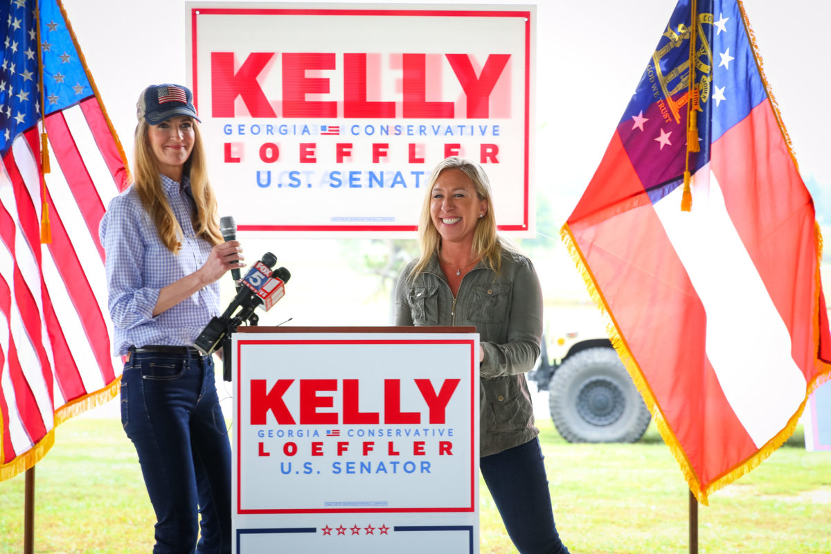 DALLAS, GA - OCTOBER 15: Georgia Republican House candidate Marjorie Taylor Greene holds a joint press conference with U.S. Sen. Kelly Loeffler (R-GA) during which Greene endorsed Loeffler on October 15, 2020 in Dallas, Georgia. (Photo by Dustin Chambers/Getty Images)