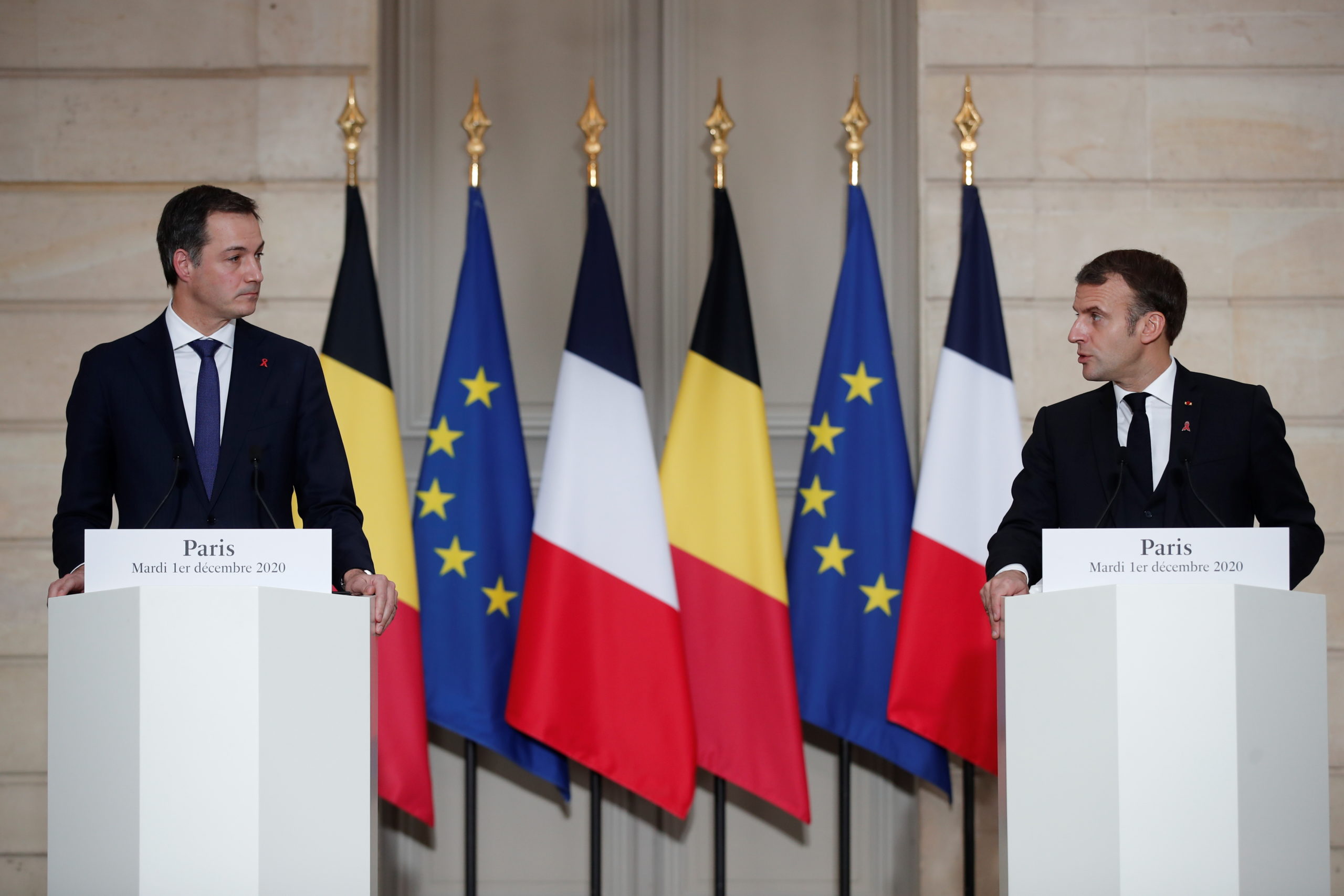 French President Emmanuel Macron commented on the status of French ski slopes during a Tuesday press conference with Belgium Prime Minister Alexander De Croo. (Benoit Tessier/Pool/AFP via Getty Images)