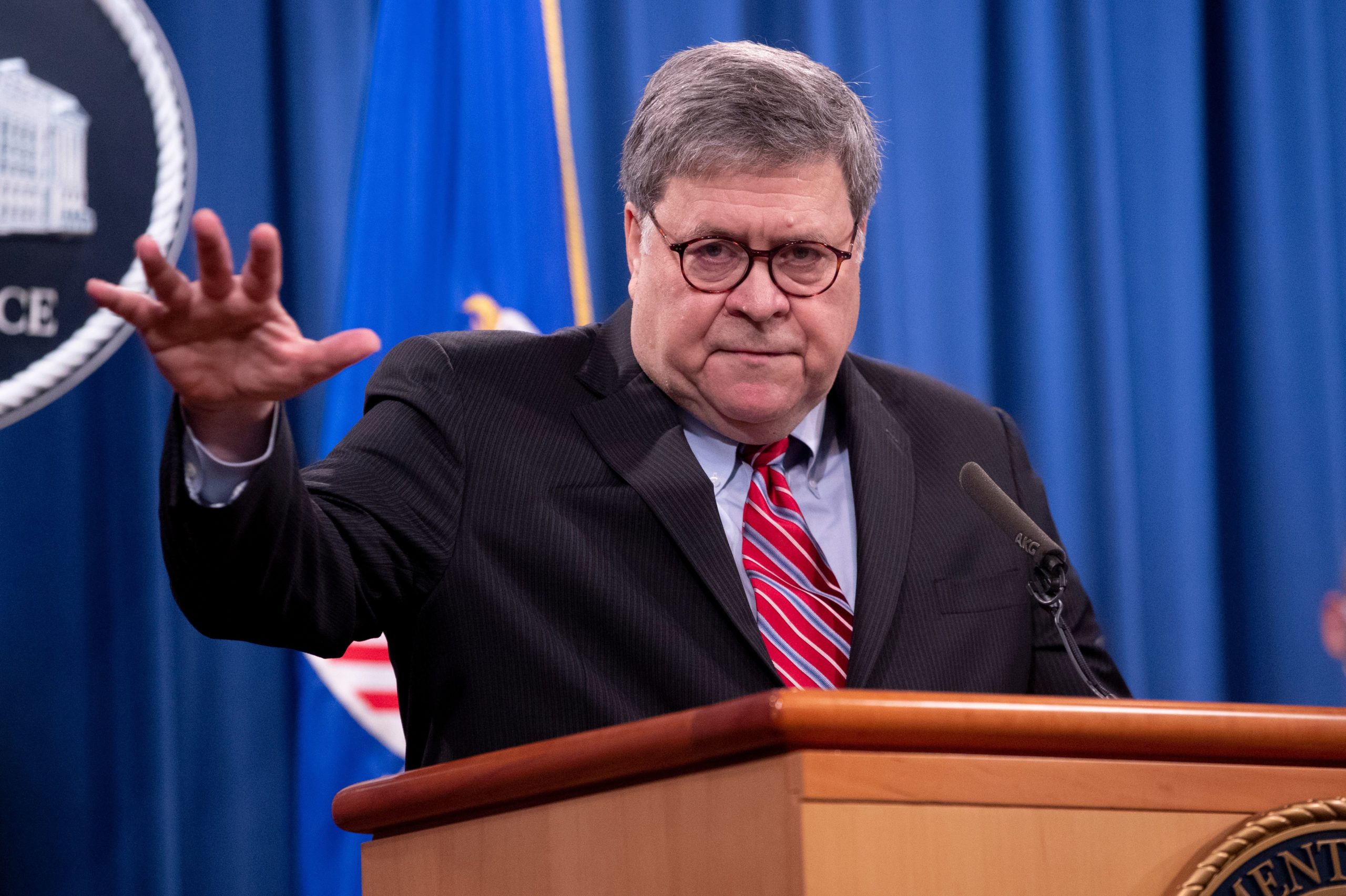 US Attorney General William Barr speaks during a news conference at the US Department of Justice in Washington, DC, on December 21, 2020. (MICHAEL REYNOLDS/POOL/AFP via Getty Images)
