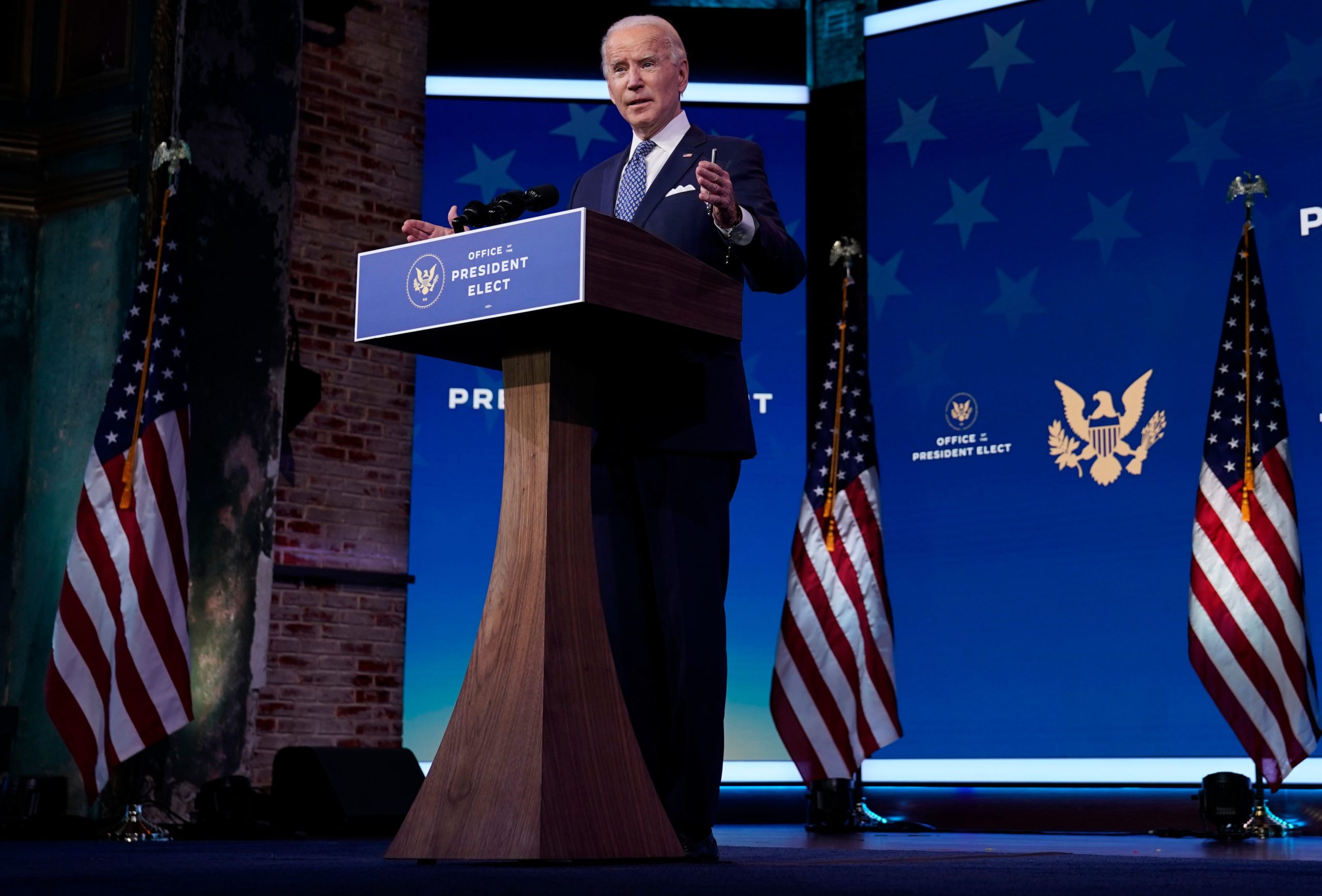 US President-Elect Joe Biden delivers remarks before the holiday at The Queen in Wilmington, Delaware on December 22, 2020. (Photo by ALEX EDELMAN/AFP via Getty Images)