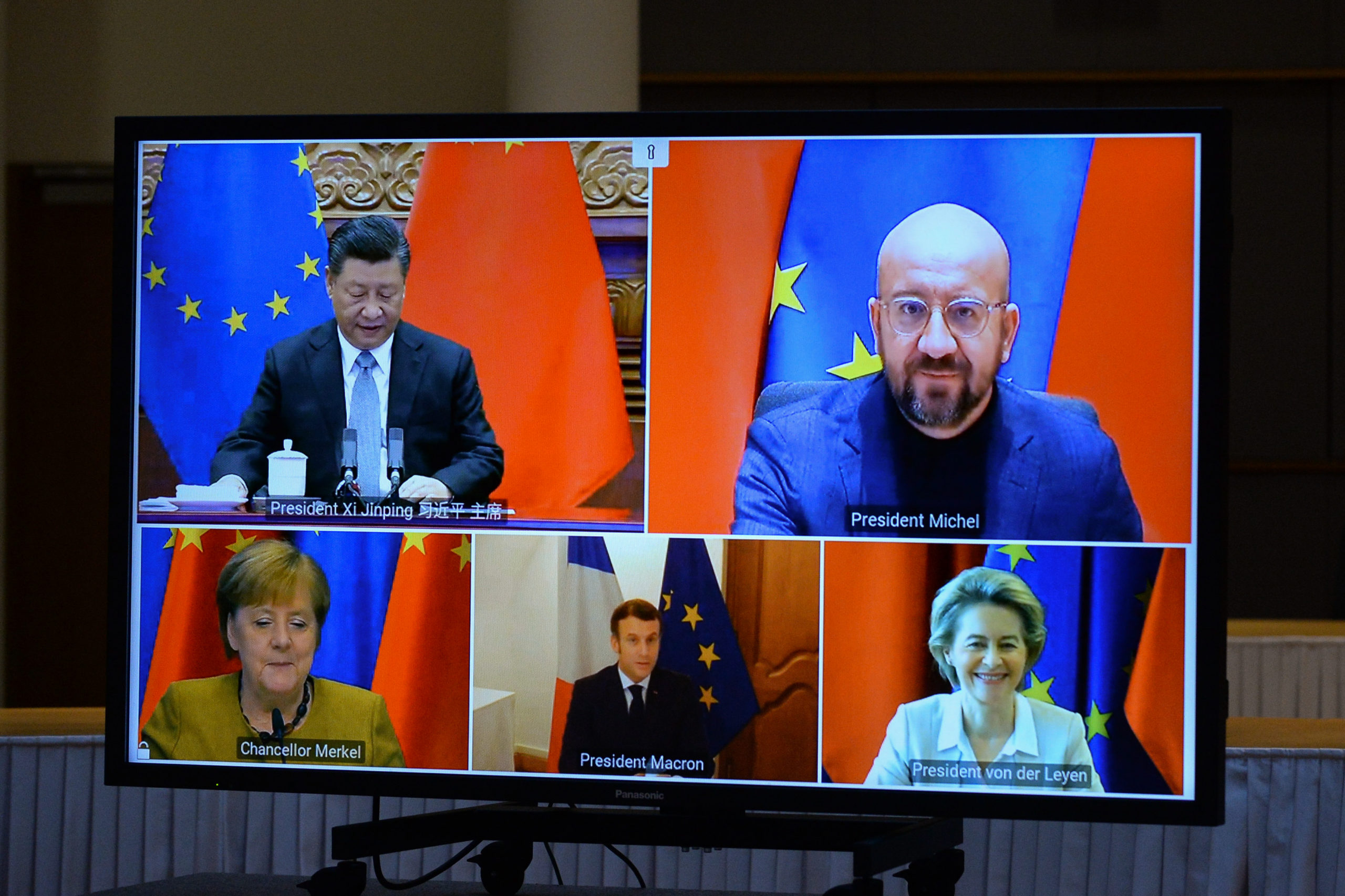 European leaders meet via videoconference with Chinese President Xi Jinping on Wednesday to discuss the investment deal between the European Union and China. (Johanna Geron/Pool/AFP via Getty Images)