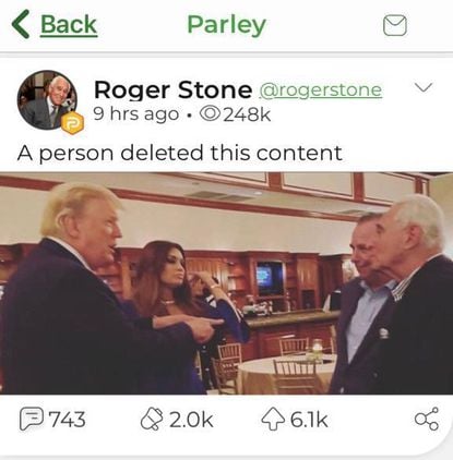 Screenshot of Stone's deleted Parler post from the Sun Sentinel