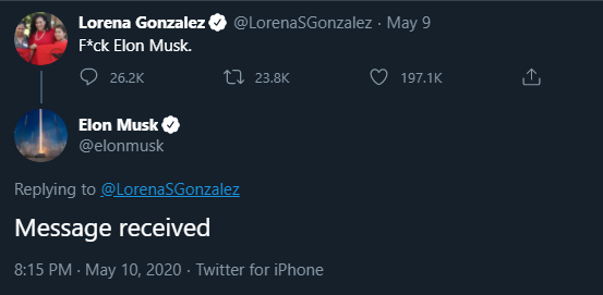 Elon Musk and California Assemblywoman Lorena Gonzalez have an exchange on Twitter. (Screenshot/Twitter)
