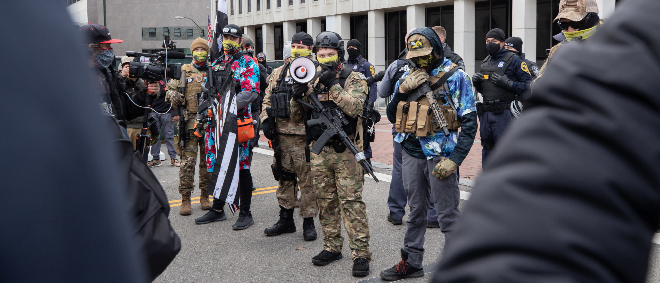 Self-described leader of the Boogaloo Bois, Mike Dunn, addressed a crowd mostly made up of media and law enforcement in Richmond, Virginia, on Jan. 18, 2021. (Kaylee Greenlee - Daily Caller News Foundation)