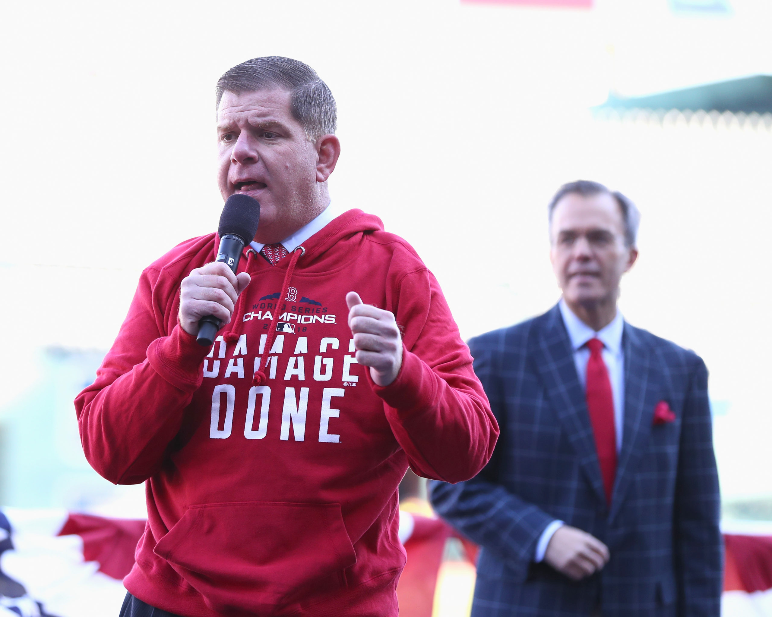 BOSTON, MA - OCTOBER 31: Boston Mayor Marty Walsh address fans at Fenway Park before the Boston Red Sox Victory Parade on October 31, 2018 in Boston, Massachusetts. The Boston Red Sox defeated the Los Angeles Dodgers to win the 2018 World Series. (Omar Rawlings/Getty Images)