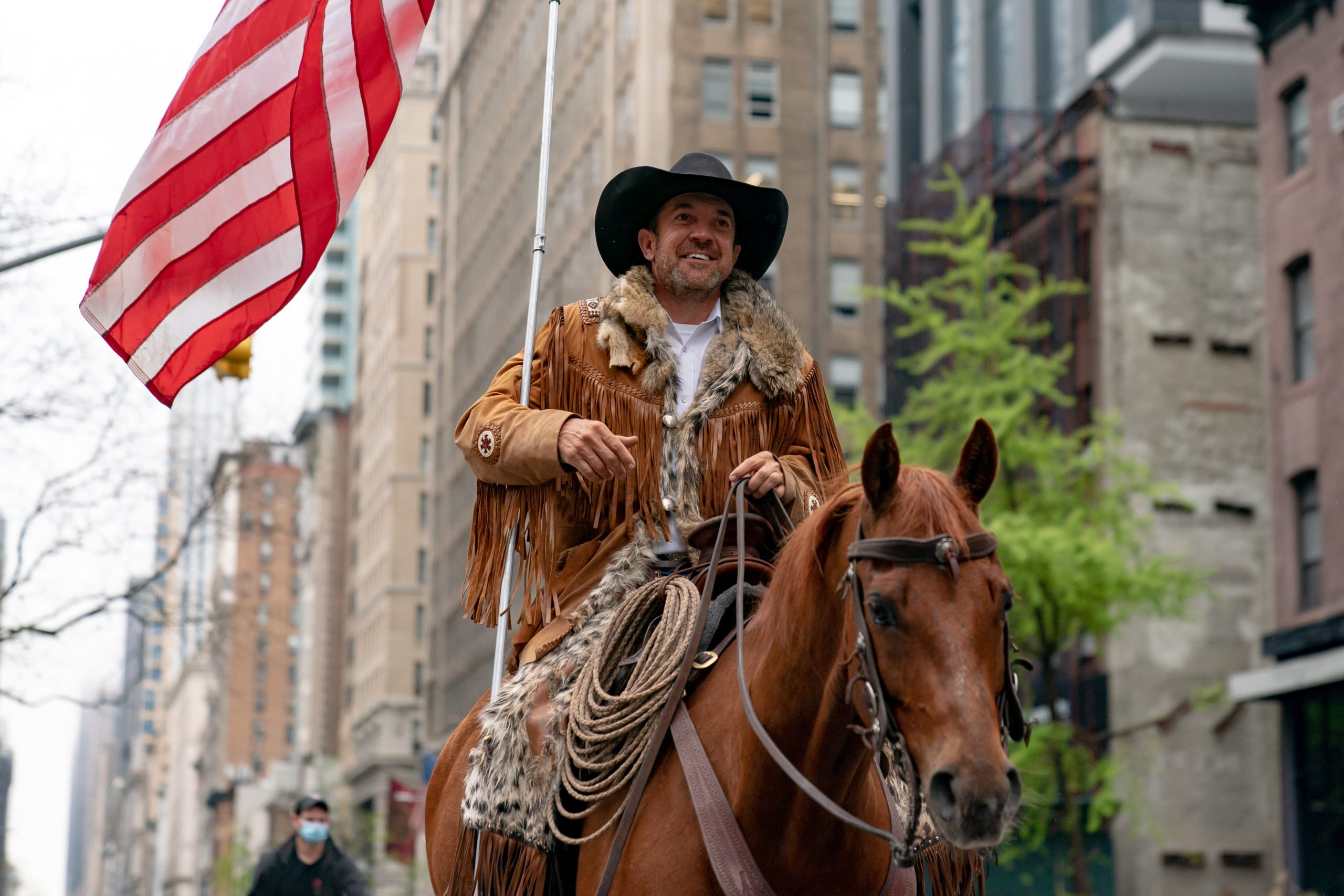 NEW YORK, NY - MAY 01: Otero County Commission Chairman and Cowboys for Trump co-founder Couy Griffin rides his horse on 5th avenue on May 1, 2020 in New York City. (Photo by Jeenah Moon/Getty Images)