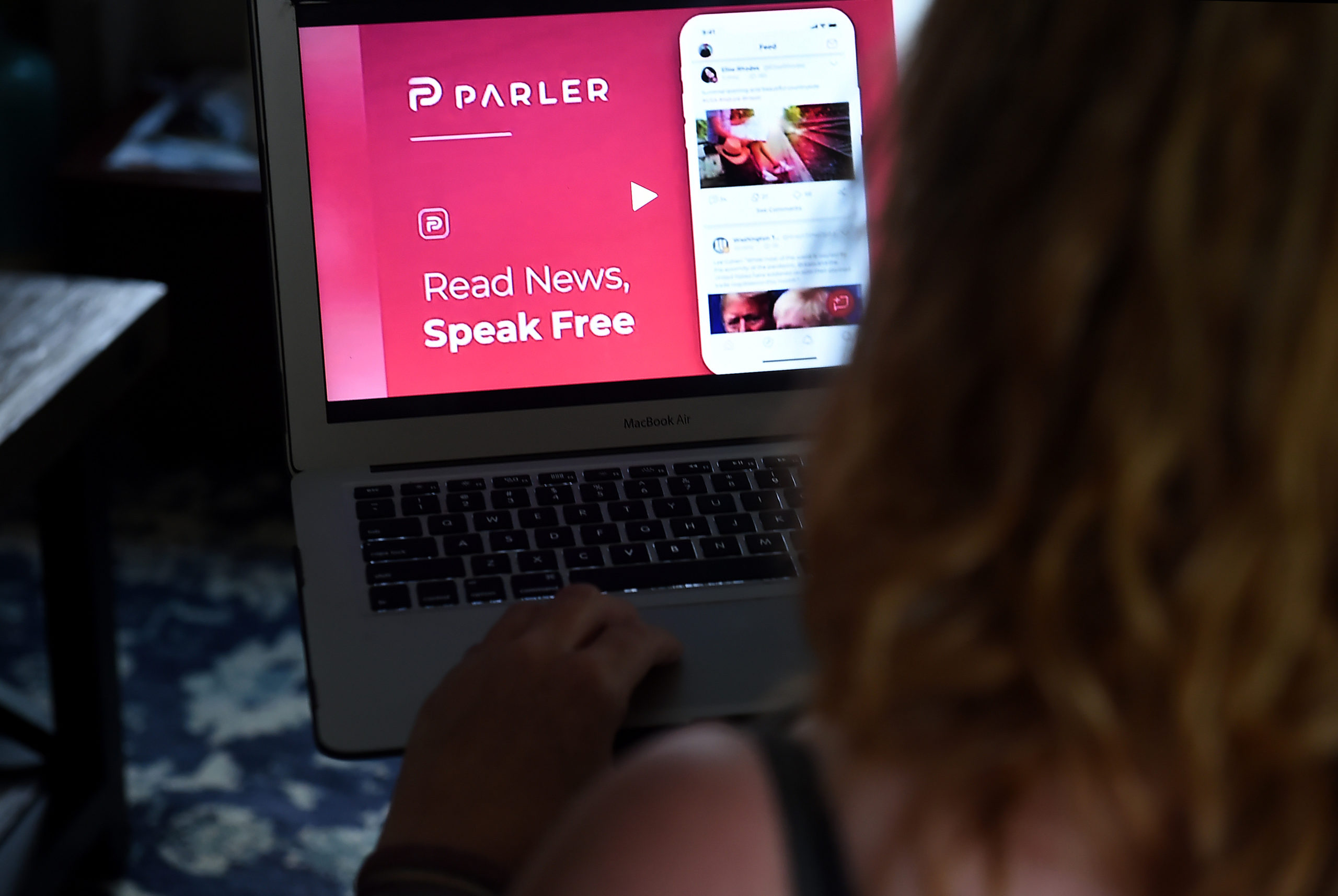 This illustration picture shows the social media website from Parler displayed on a computer screen in Arlington, Virginia on July 2, 2020. - Amid rising turmoil in social media, recently formed social network Parler is gaining with prominent political conservatives who claim their voices are being silenced by Silicon Valley giants. Parler, founded in Nevada in 2018, bills itself as an alternative to "ideological suppression" at other social networks. (Photo by Olivier DOULIERY / AFP) (Photo by OLIVIER DOULIERY/AFP via Getty Images)
