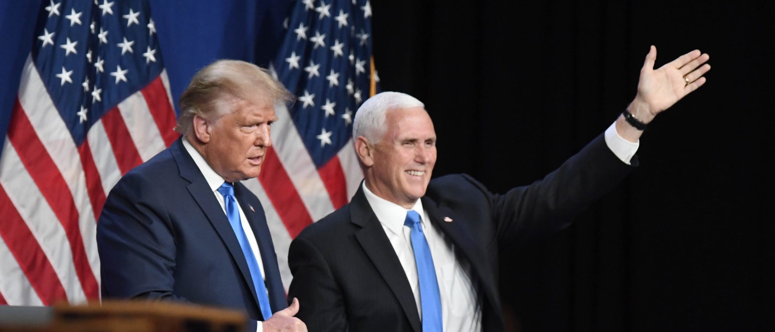 President Donald J. Trump and Vice President Mike Pence greet delegates on the first day of the Republican National Convention at the Charlotte Convention Center on August 24, 2020 in Charlotte, North Carolina. (David T. Foster III-Pool/Getty Images)