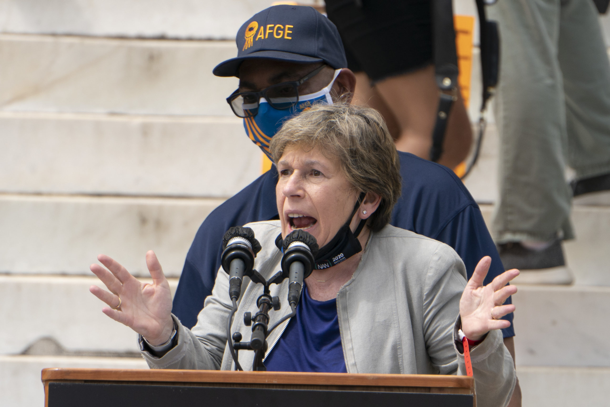 Randi Weingarten, president of American Federation of Teachers, speaks during an August rally in Washington D.C. (Jacquelyn Martin/Pool/AFP via Getty Images)