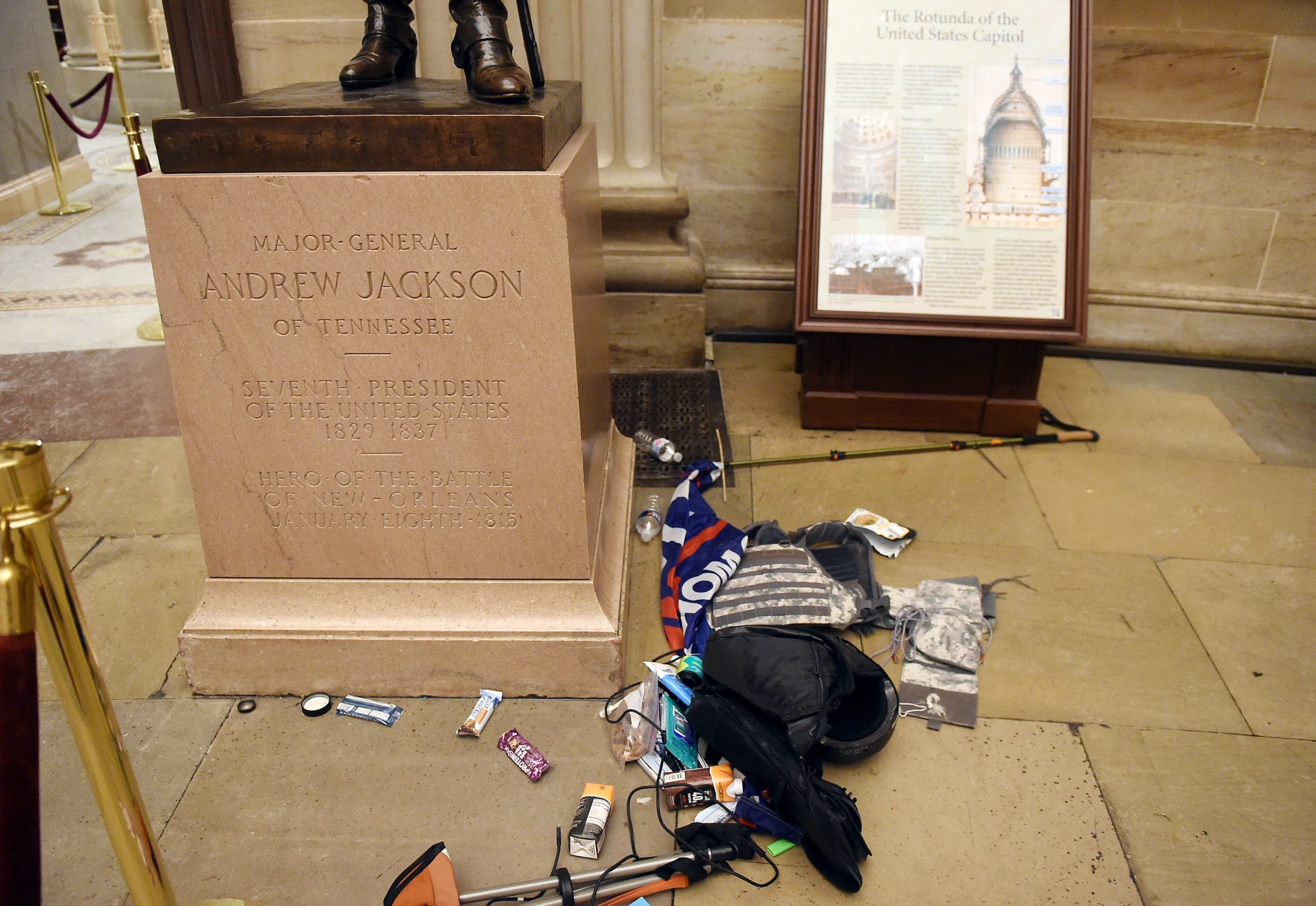 Damage is seen inside the US Capitol building early on January 7, 2021 in Washington, DC, after supporters of US President Donald Trump breeched security and entered the building during a session of Congress. - Donald Trump's supporters stormed a session of Congress held today, January 6, to certify Joe Biden's election win, triggering unprecedented chaos and violence at the heart of American democracy and accusations the president was attempting a coup. (Photo by Olivier DOULIERY / AFP) (Photo by OLIVIER DOULIERY/AFP via Getty Images)
