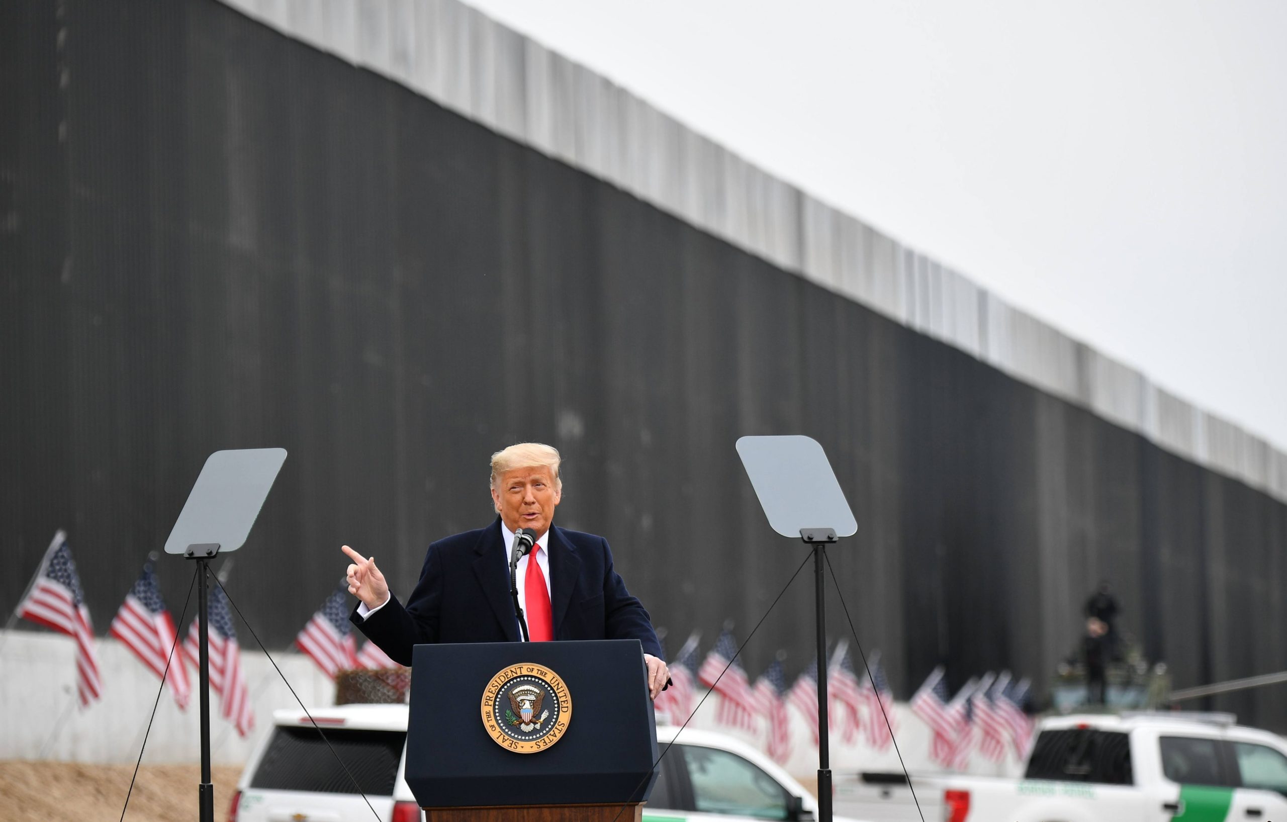 US President Donald Trump speaks after touring a section of the border wall in Alamo, Texas on January 12, 2021. (Photo by MANDEL NGAN/AFP via Getty Images)