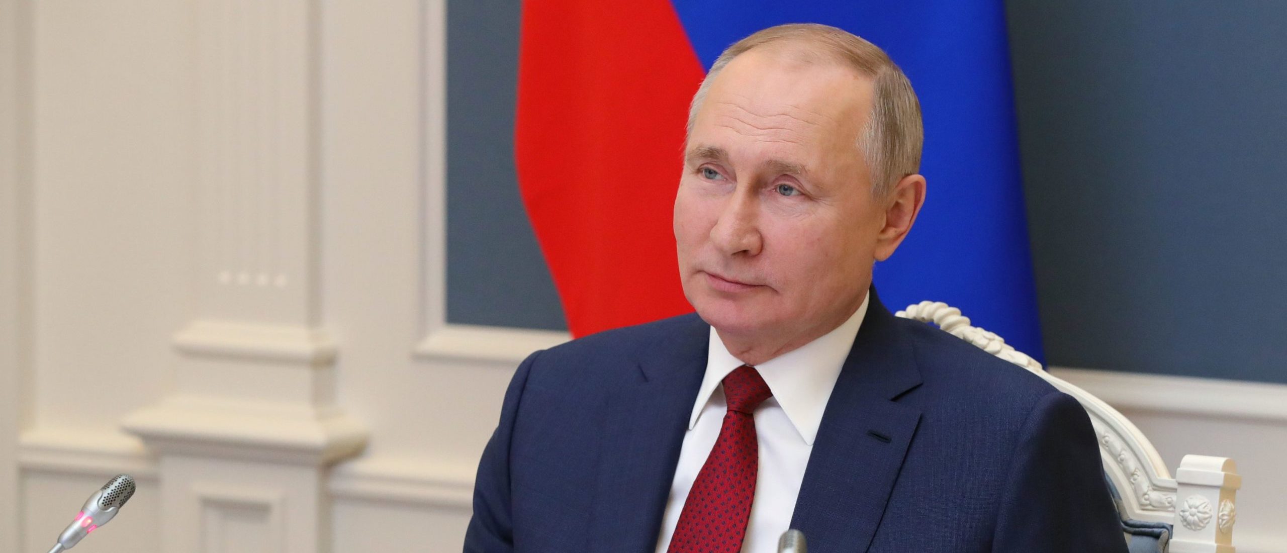 Russian President Vladimir Putin addresses the virtual World Economic Forum via a video link from Moscow on Wednesday. (Mikhail Klimentyev/Sputnik/AFP via Getty Images)
