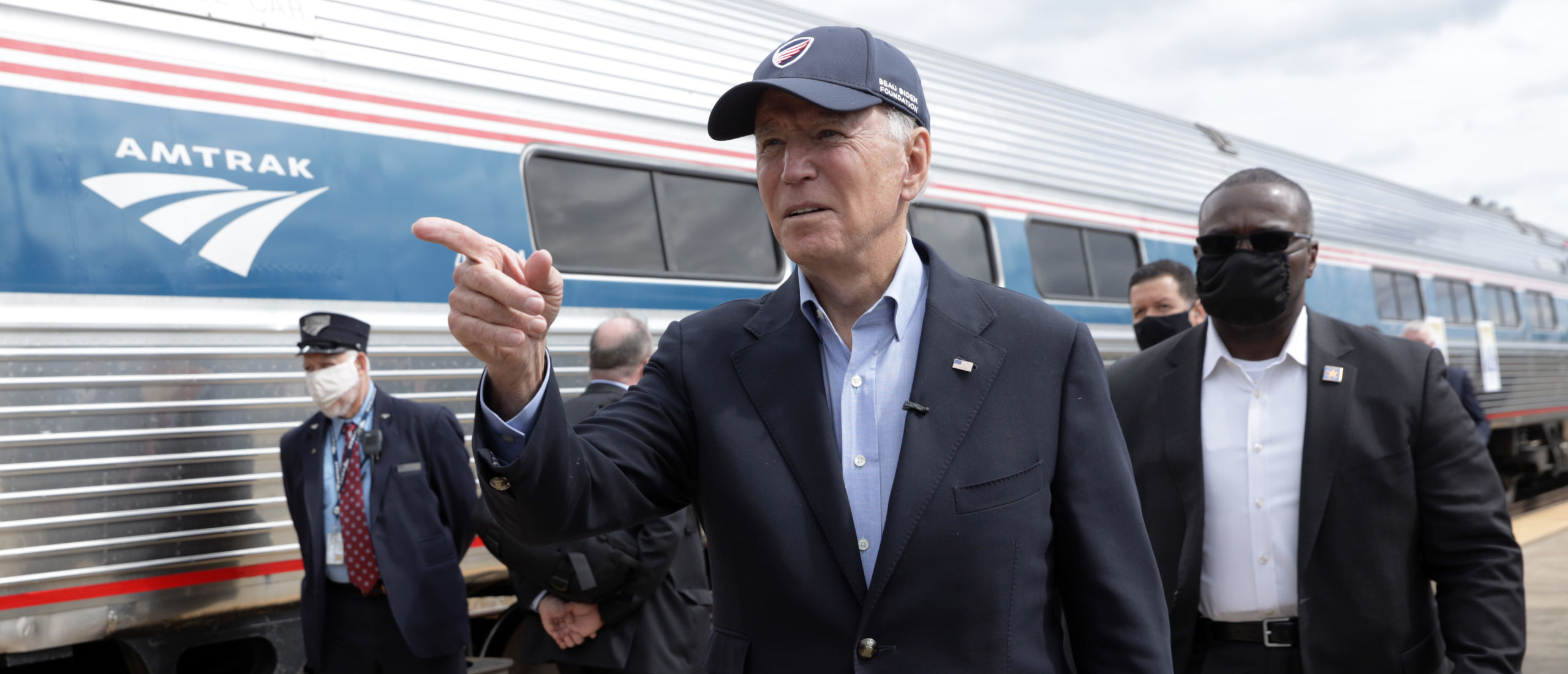 Joe Biden gestures during a campaign stop at Alliance Amtrak Station in Ohio. (Photo by Alex Wong/Getty Images)