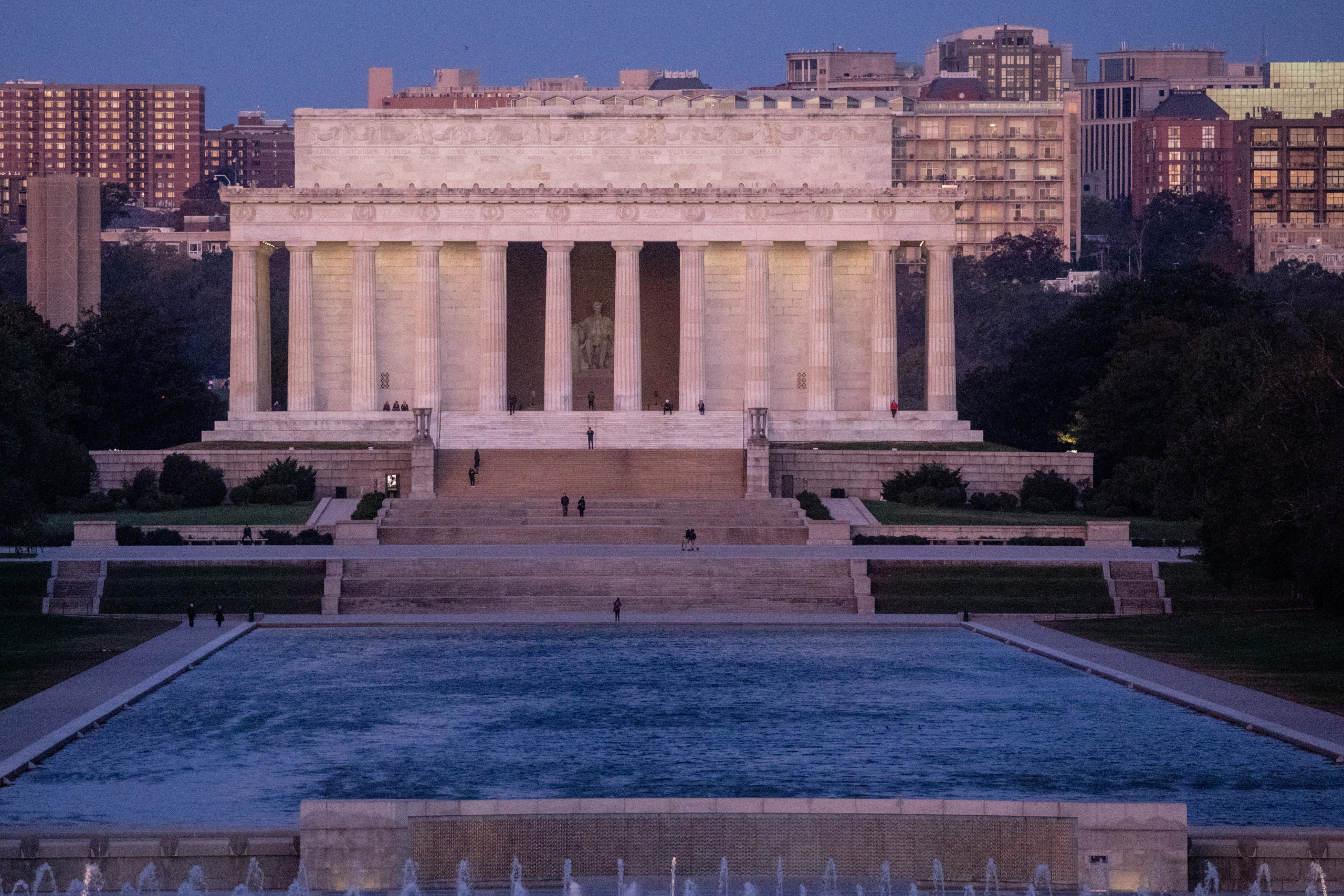 The Lincoln Memorial is seen at sunrise during Election Day on November 3, 2020 in Washington DC. (Chris McGrath/Getty Images)