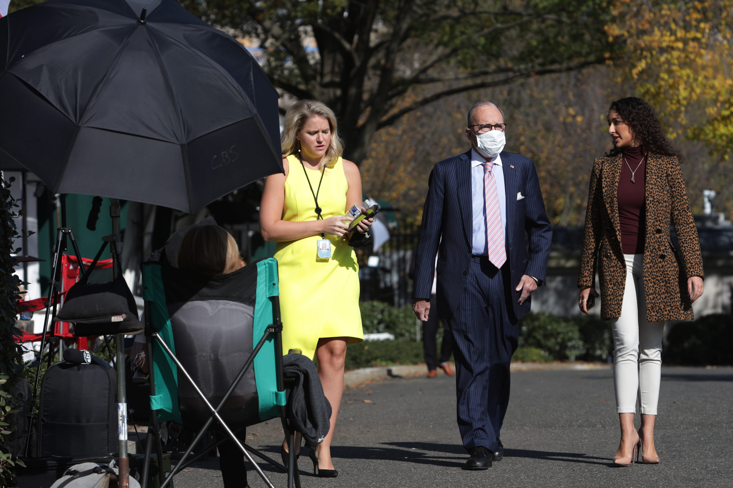 Director of the National Economic Council Larry Kudlow (C) walks towards to members of the press outside the West Wing of the White House November 6, 2020 in Washington, DC. (Alex Wong/Getty Images)