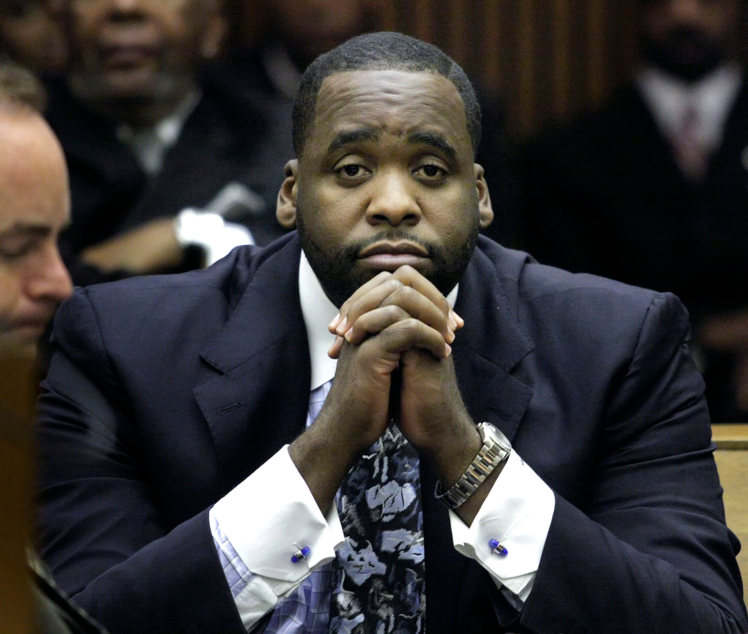 DETROIT - OCTOBER 28: Former Detroit Mayor Kwame Kilpatrick appears in Wayne County Circuit Court for his sentencing October 28, 2008 in Detroit, Michigan. Kilpatrick will spend 4 months in jail as part of a plea deal he accepted back in September in which he plead guilty to two felonies and no contest to a felony assault charge. (Photo by Bill Pugliano/Getty Images)