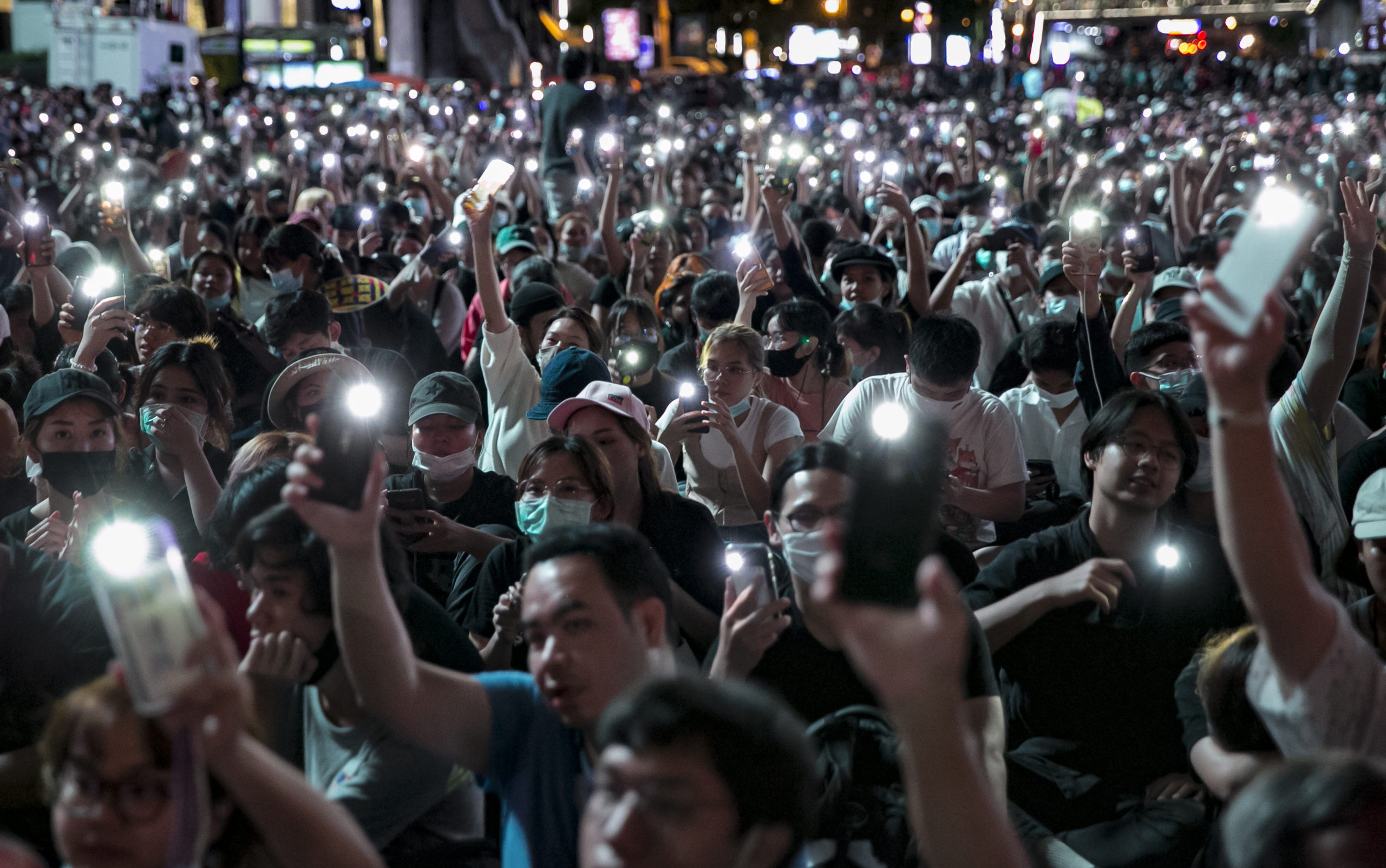 BANGKOK, THAILAND - OCTOBER 15: Protesters attend a rally October 15, 2020 in Bangkok, Thailand. Thousands of anti-government protesters and students held a demonstration at the Ratchaprasong Intersection in central Bangkok, marking the latest in a string of anti-government protests that began in late July with students and protesters calling for governmental reform. (Photo by Stringer/Getty Images)
