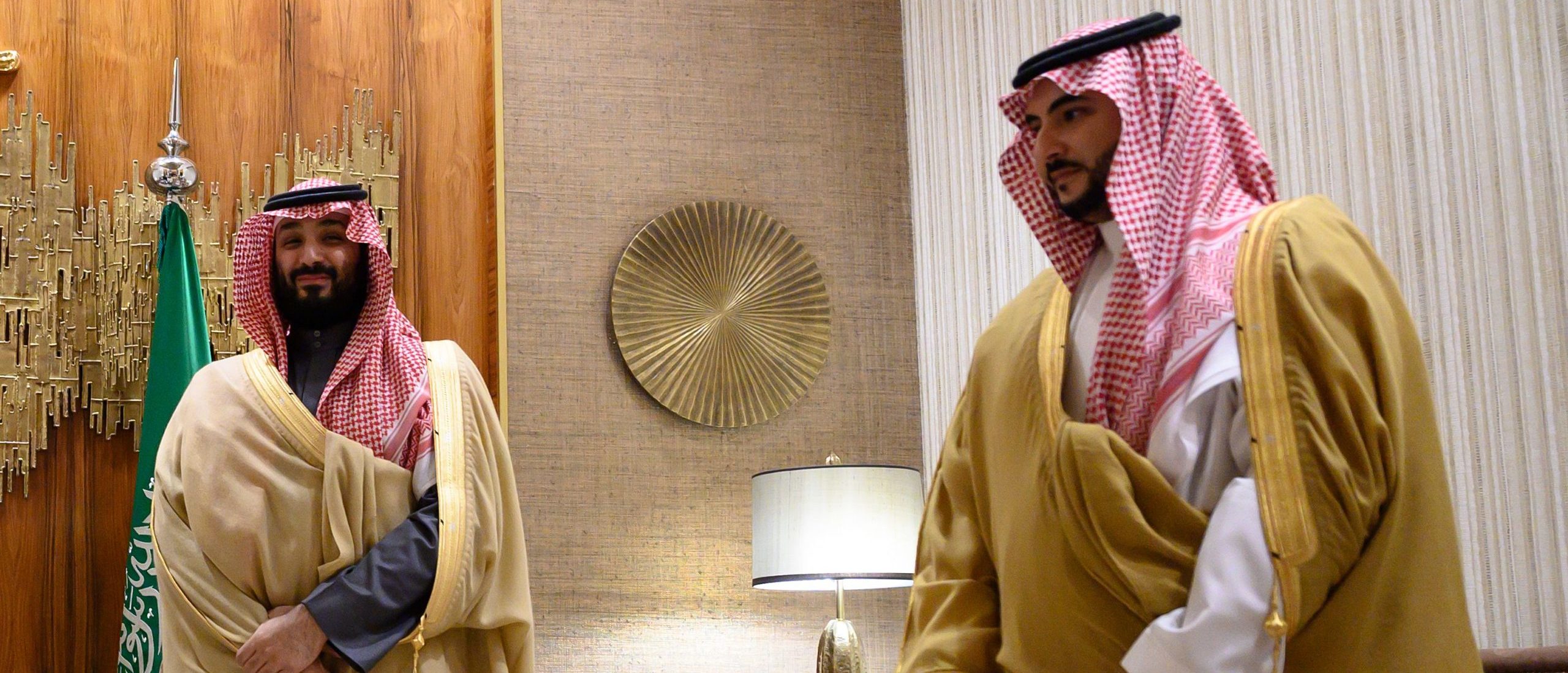 Saudi Arabia's Crown Prince Mohammed bin Salman (L) and Saudi Deputy Defence Minister Khalid Bin Salman. (Photo by ANDREW CABALLERO-REYNOLDS/POOL/AFP via Getty Images)