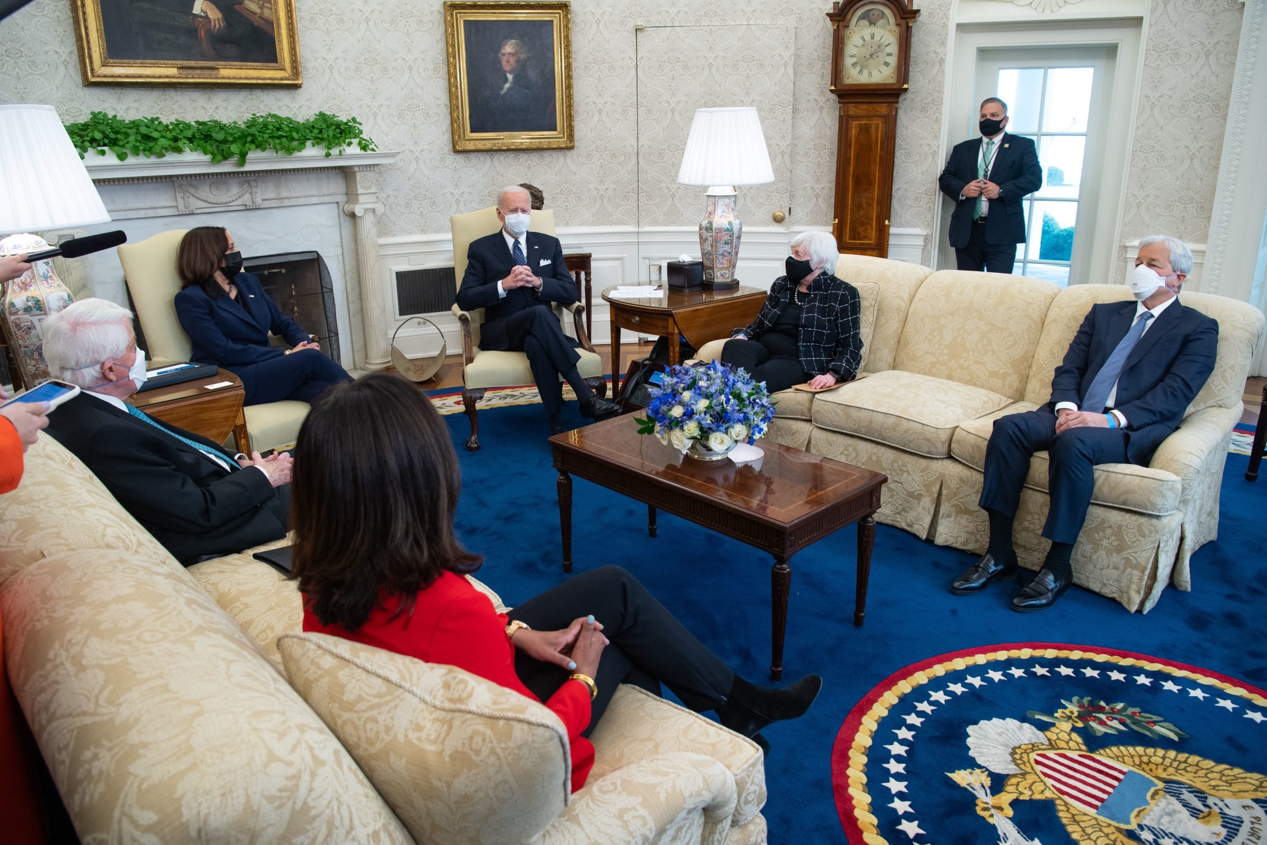 President Joe Biden meets with business leaders including JP Morgan Chase CEO Jamie Dimon, about the coronavirus relief bill on Feb. 9. (Saul Loeb/AFP via Getty Images)