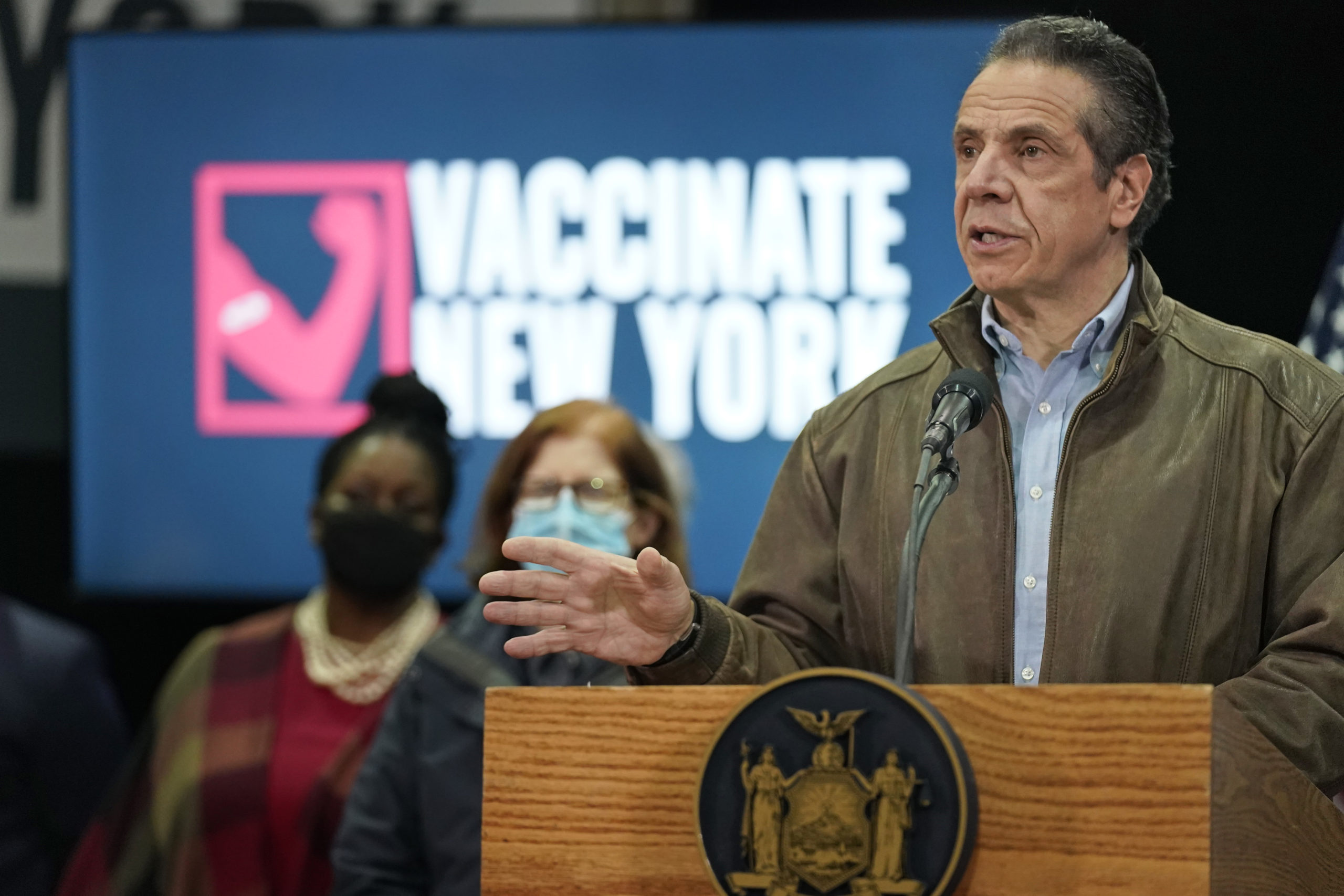 New York Governor Andrew Cuomo speaks during a press conference before the opening of a mass Covid-19 vaccination site in the Queens borough of New York, on February 24, 2021. - The site run by the Federal Emergency Management Agency (FEMA), along with another in Brooklyn, gives priority to local residents in an effort to equitably distribute the vaccine. (Photo by SETH WENIG/POOL/AFP via Getty Images)