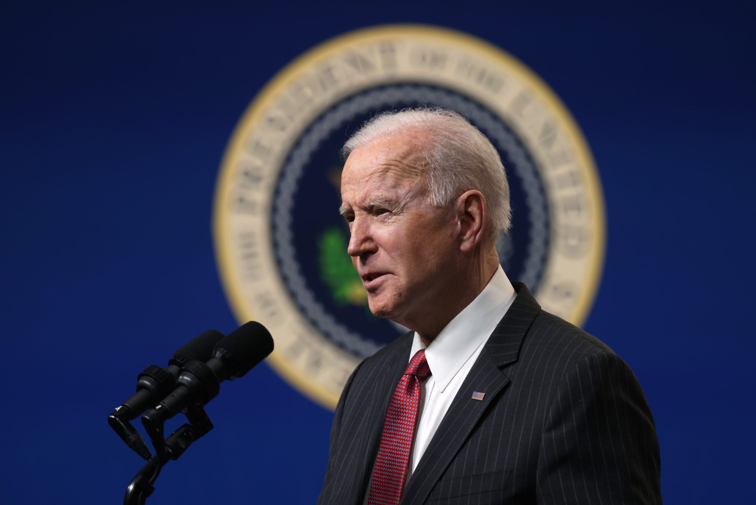WASHINGTON, DC - FEBRUARY 10: U.S. President Joe Biden speaks as he makes a statement at the South Court Auditorium at Eisenhower Executive Building February 10, 2021 in Washington, DC. President Biden made a statement on the coup in Burma. (Photo by Alex Wong/Getty Images)