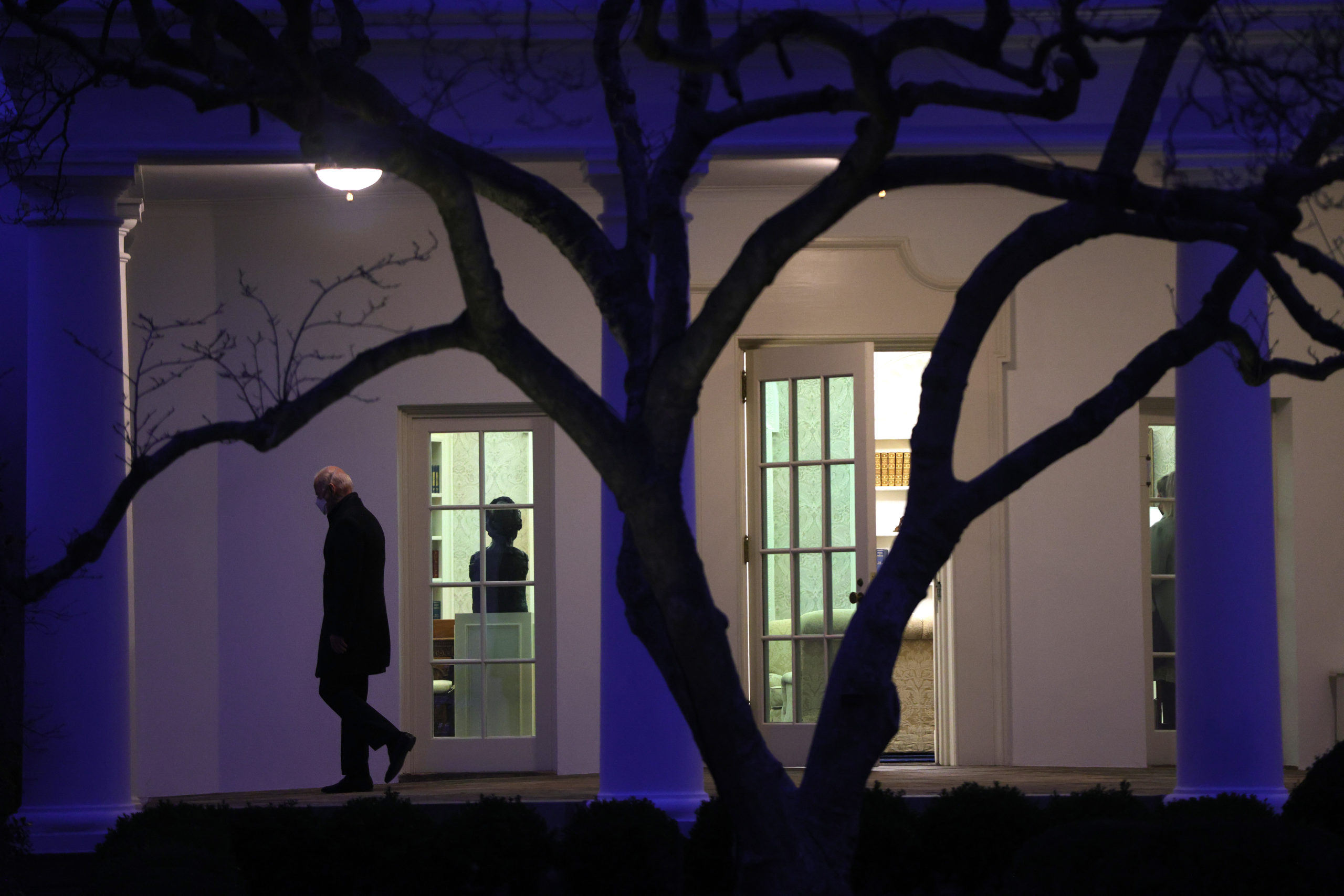 WASHINGTON, DC - FEBRUARY 12: U.S. President Joe Biden leaves the Oval Office prior to a Marine One departure from the South Lawn of the White House February 12, 2021 in Washington, DC. President Biden is spending his weekend at Camp David. (Photo by Alex Wong/Getty Images)
