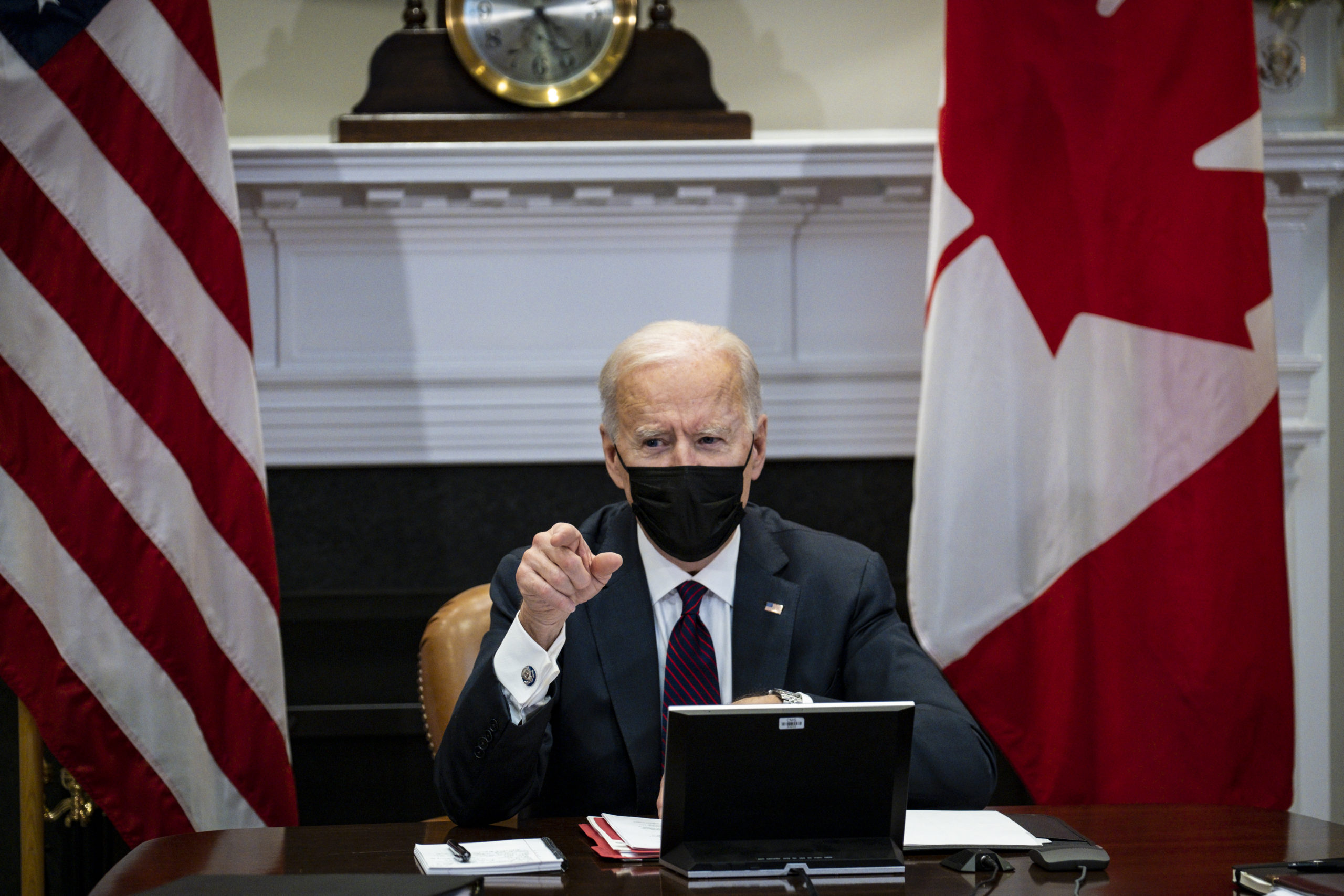 WASHINGTON, DC - FEBRUARY 23: U.S. President Joe Biden participates in a virtual bilateral meeting with Prime Minister Justin Trudeau of Canada in the Roosevelt Room of the White House on February 23, 2021 in Washington, DC. This is Biden and Trudeau’s first bilateral meeting. (Photo by Pete Marovich/Pool/Getty Images)