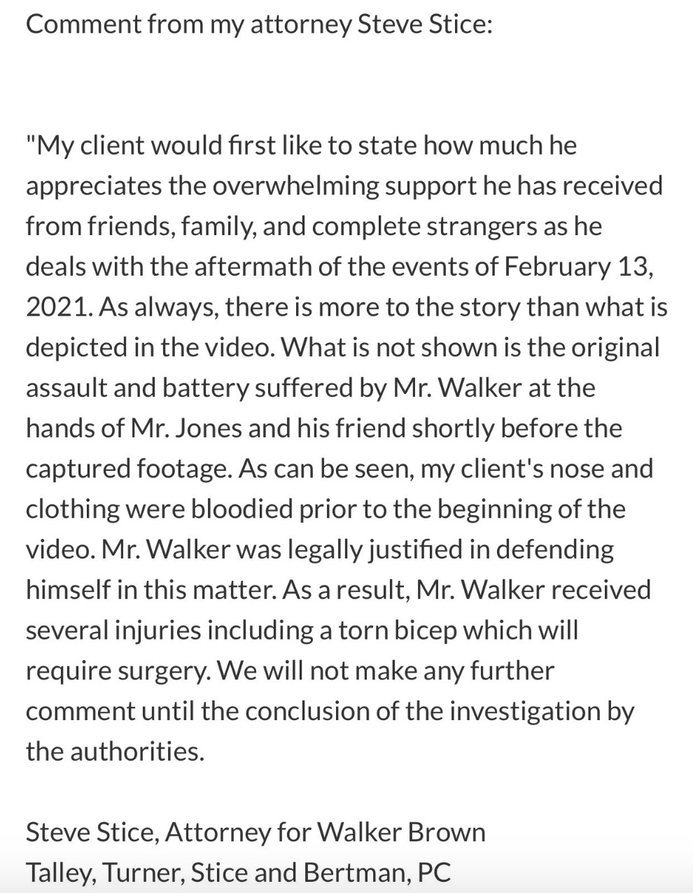 Walker Brown Attorney Statement (Credit: Attorney for Walker Brown)