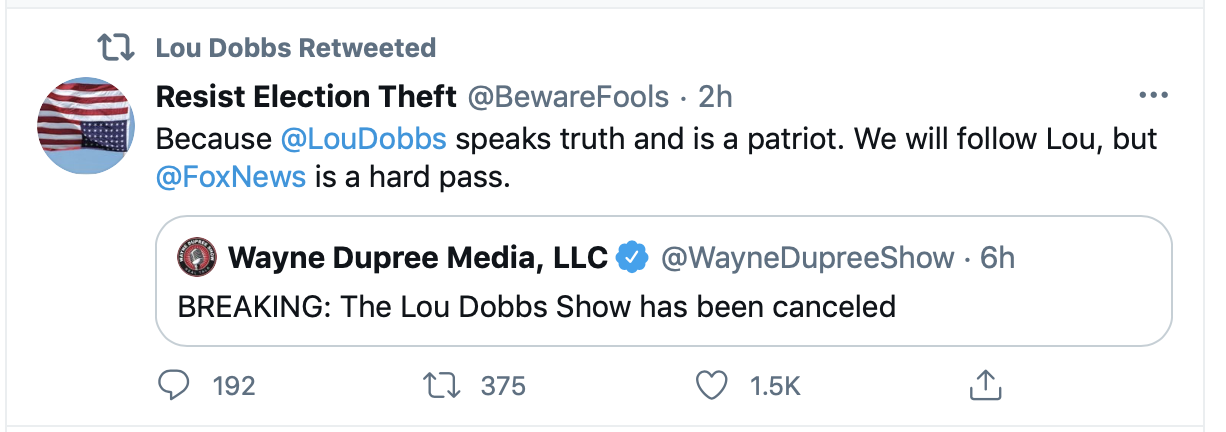 Another post taking a swipe at Fox News was retweeted by Lou Dobbs. (Screenshot Twitter Lou Dobbs, @BewareFools)