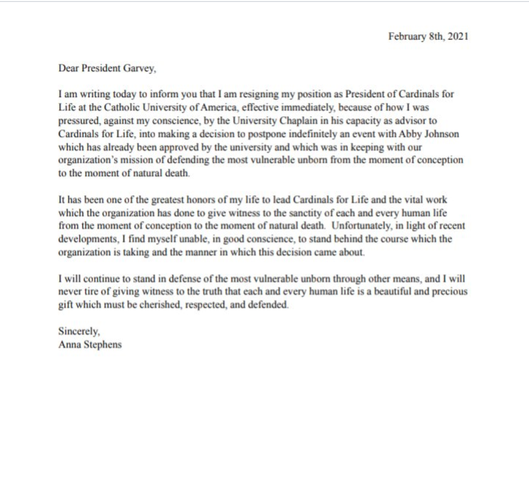 Anna Stephens resignation letter.