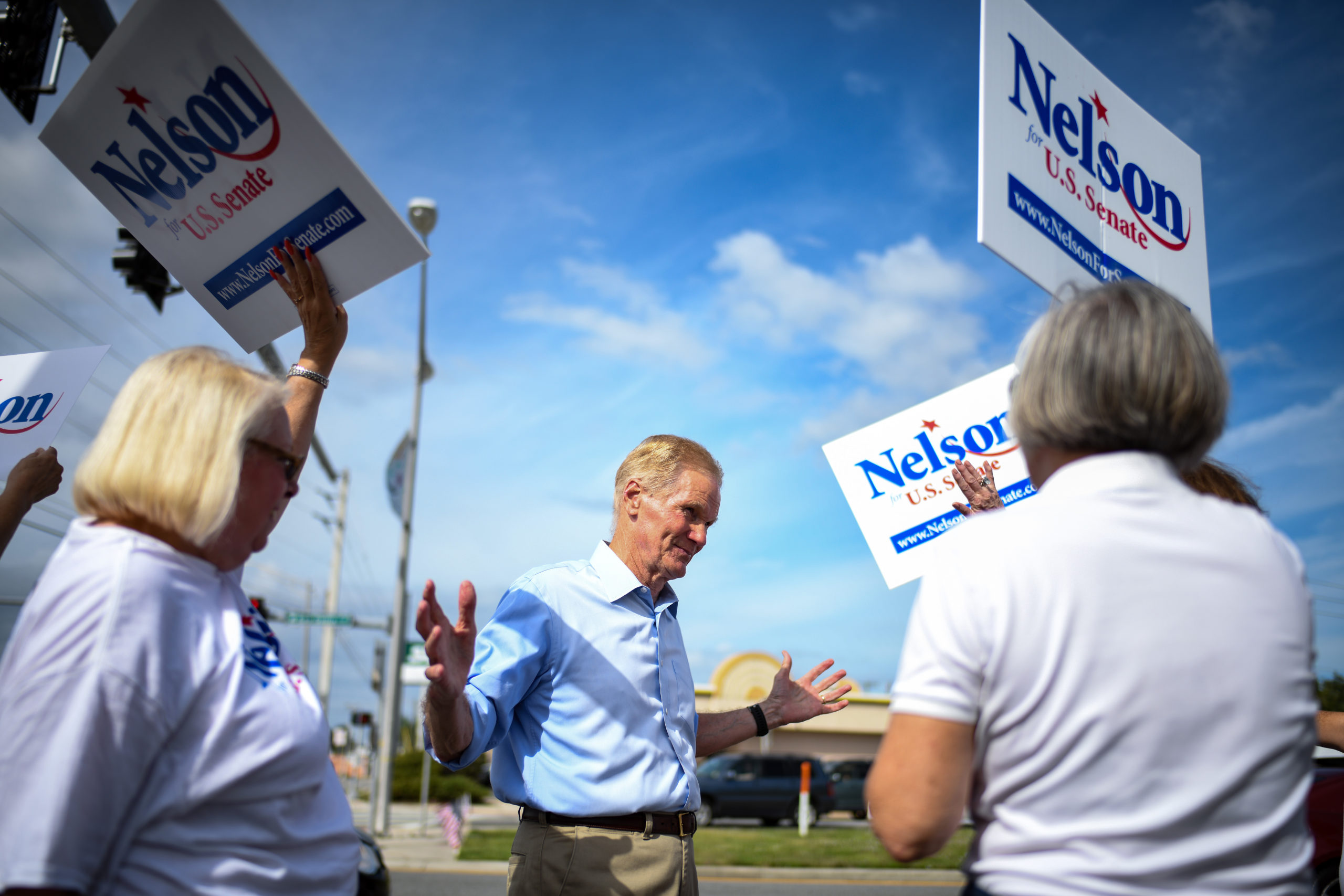 MELBOURNE, FLORIDA - NOVEMBER 05: Senator Bill Nelson (D-FL) attends an election sign waving event at US 1 at US 1 & Eau Gallie Boulevard during the final full day of campaigning in the midterm election on November 5, 2018 in Melbourne, Florida. Nelson is running against Republican Governor of Florida Rick Scott for the Florida Senate seat. (Photo by Jeff J Mitchell/Getty Images)