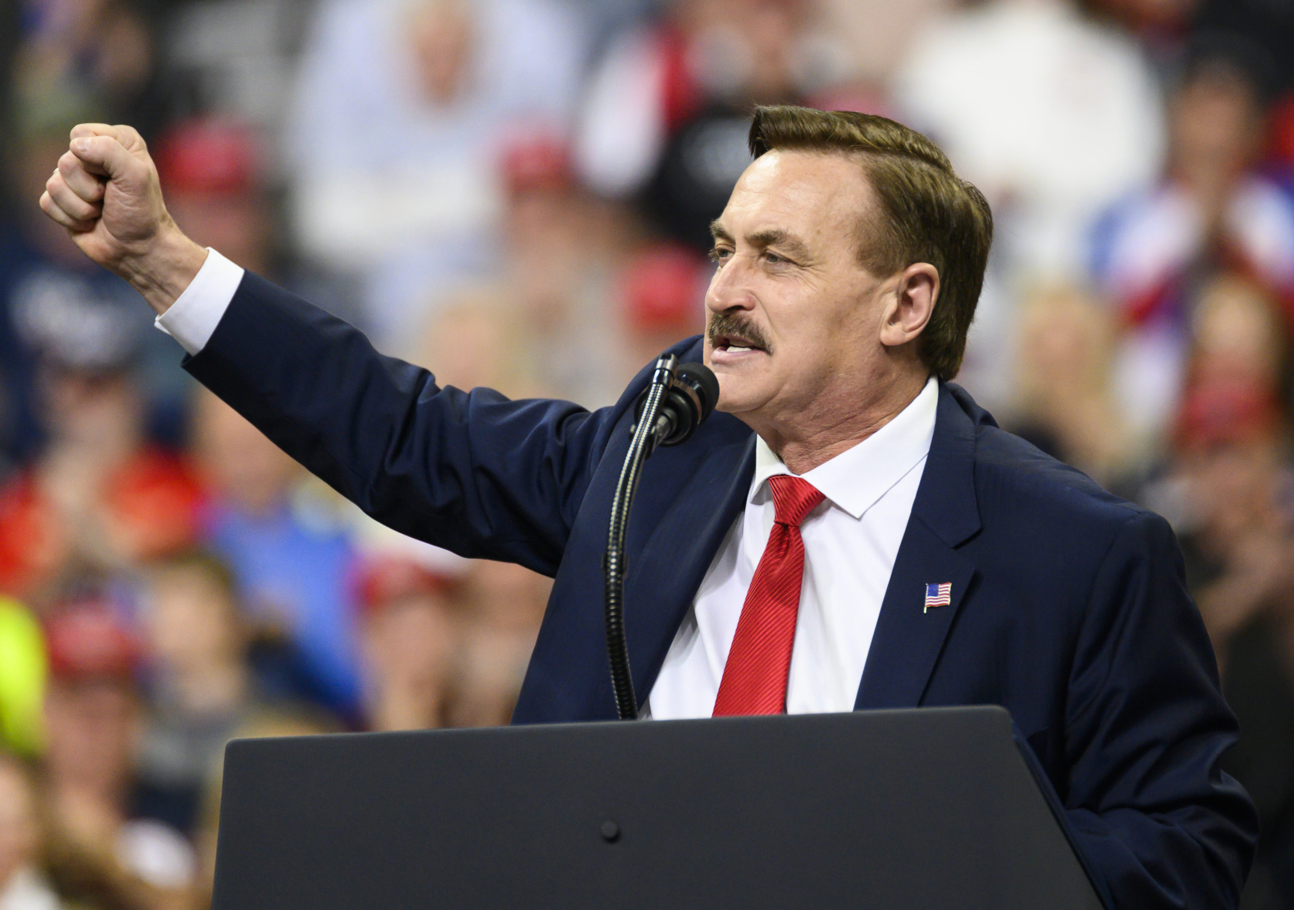 Mike Lindell, CEO of My Pillow, speaks during a campaign rally held by U.S. President Donald Trump at the Target Center on October 10, 2019 in Minneapolis, Minnesota. (Stephen Maturen/Getty Images)