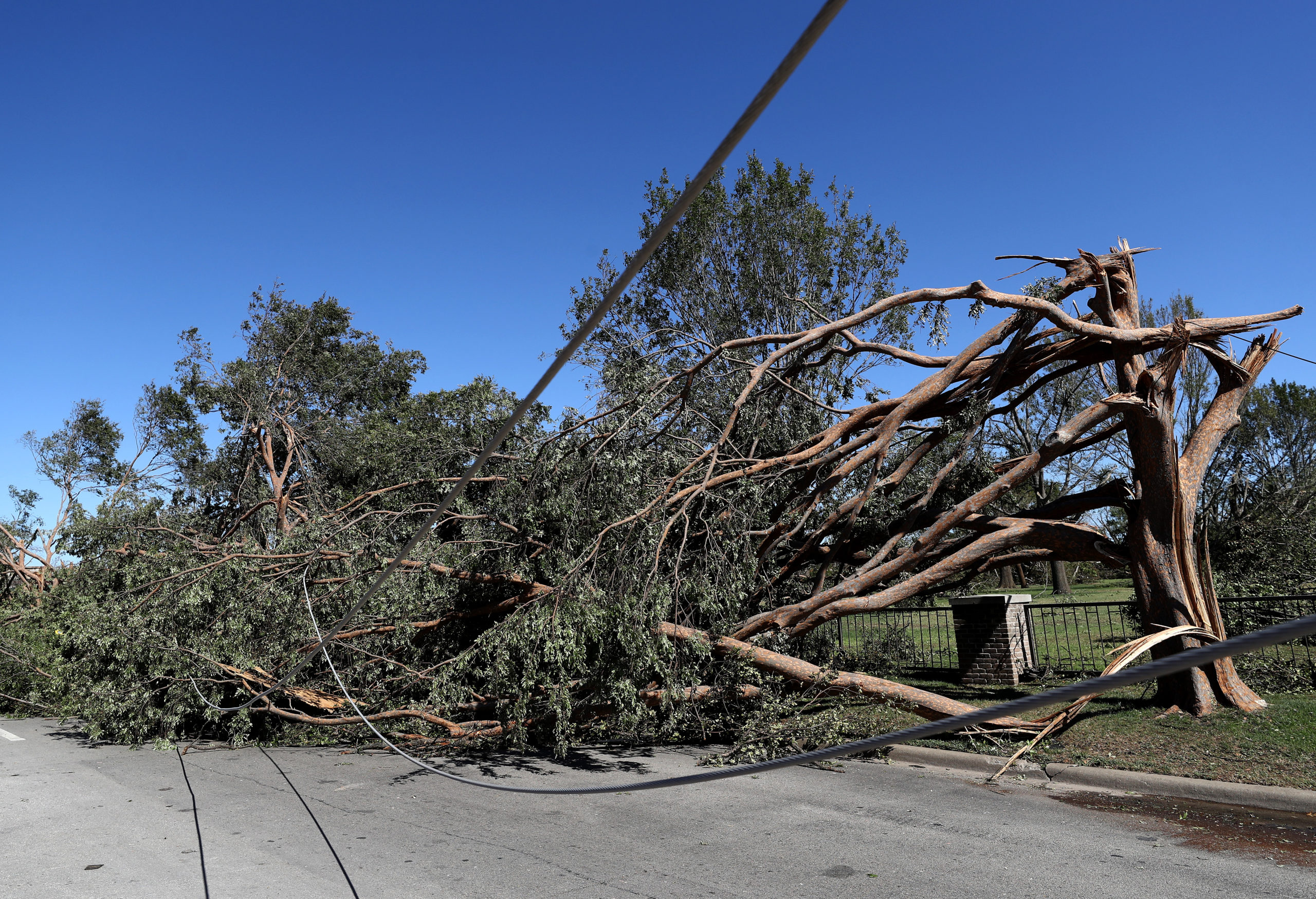 DALLAS, TEXAS - OCTOBER 21: Downed power lines run through fallen trees in the Preston Royal shopping on October 21, 2019 in Dallas, Texas. A tornado struck Sunday night causing major damage to homes, businesses and schools but no deaths or serious injuries have been reported. (Photo by Ronald Martinez/Getty Images)