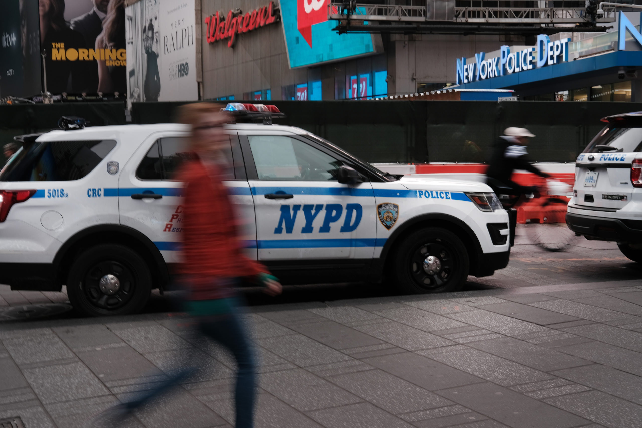 NEW YORK, NEW YORK - NOVEMBER 05: A police car sits outside of a Times Square substation on November 05, 2019 in New York City. Following a turbulent three-year run as Police Commissioner, James O’Neill announced yesterday his resignation and is to be replaced by Dermot Shea, the current chief of detectives. O'Neill's departure comes months after the firing of former officer Daniel Pantaleo due to his behavior in the incident that led to Eric Garner's death in Staten Island. The NYPD, the nations largest police department, is also facing a crisis of suicides amongst officers with 10 current officers having taken their lives this year alone. (Photo by Spencer Platt/Getty Images)
