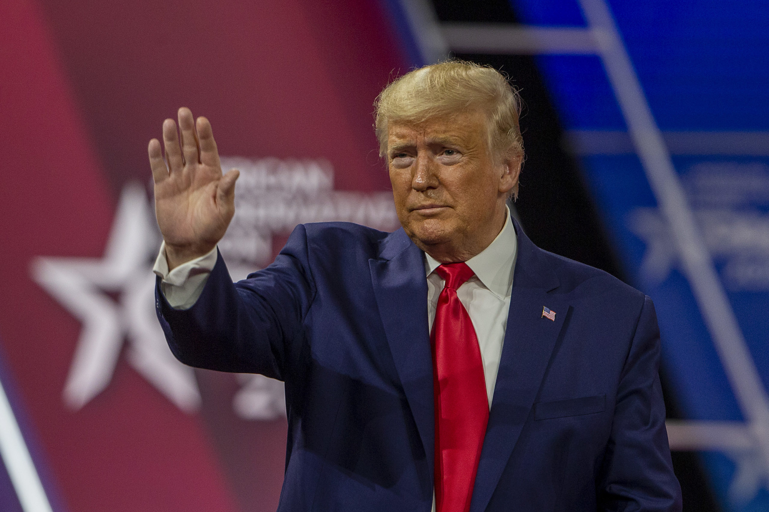 NATIONAL HARBOR, MARYLAND - FEBRUARY 29: President Donald Trump acknowledges the crowd during the annual Conservative Political Action Conference (CPAC) at Gaylord National Resort & Convention Center February 29, 2020 in National Harbor, Maryland. Conservatives gather at the annual event to discuss their agenda. (Photo by Tasos Katopodis/Getty Images)