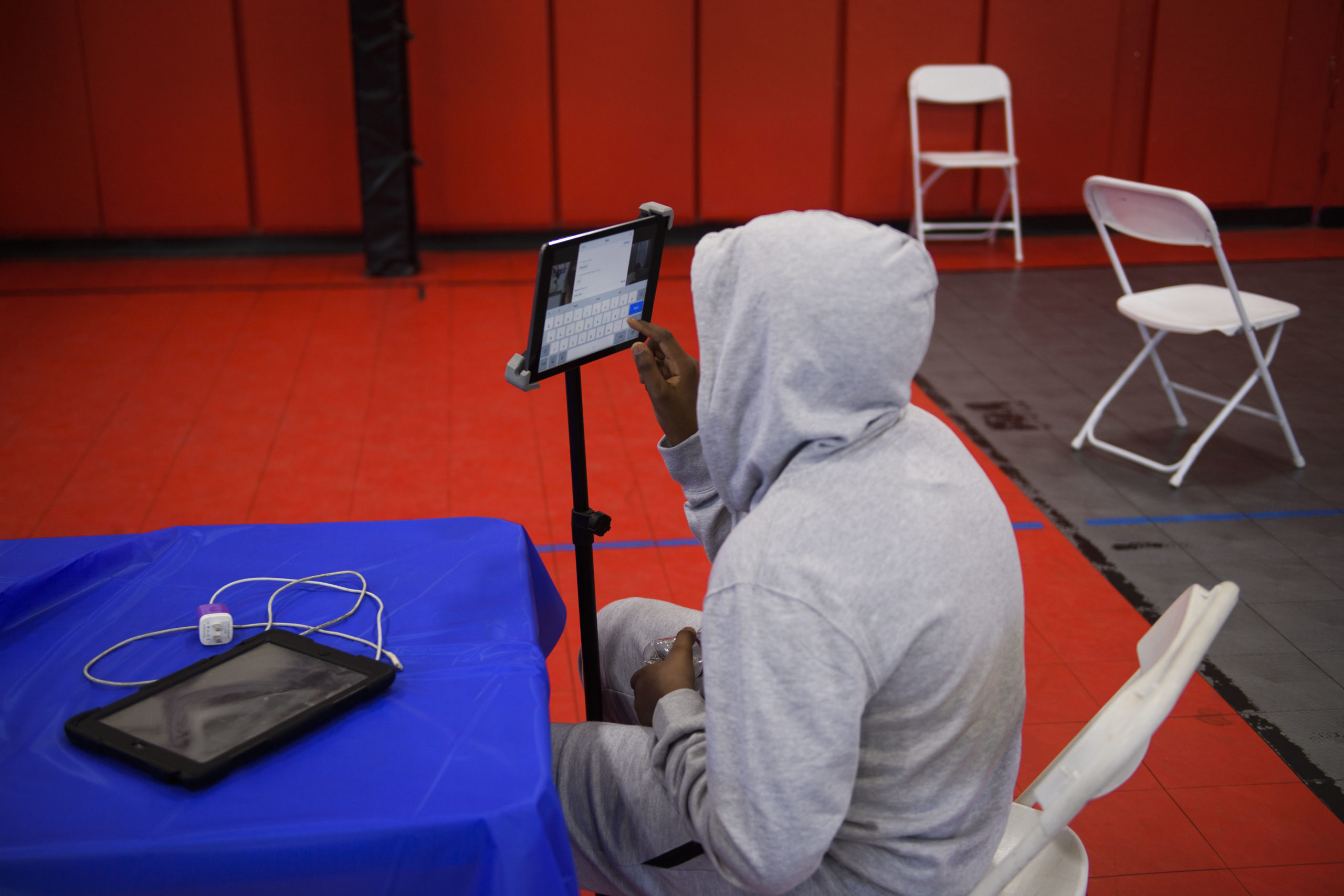 A child attends an online class at a YMCA on Feb. 17 in Los Angeles. (Patrick T. Fallon/AFP via Getty Images)