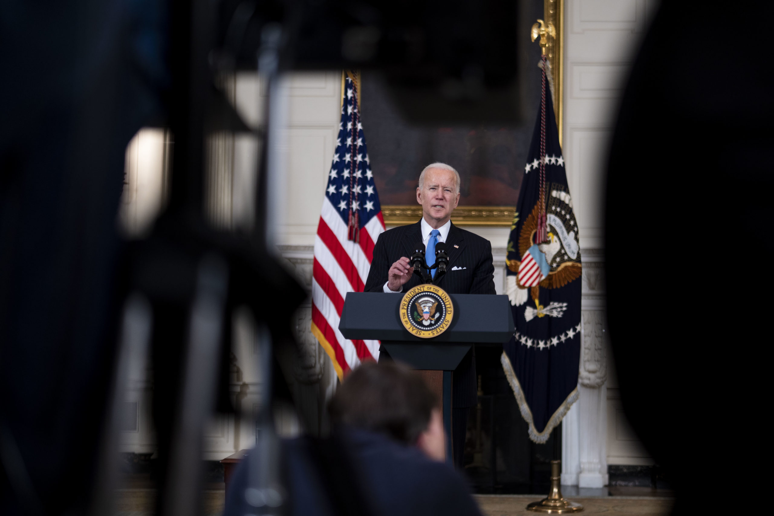 WASHINGTON, DC - MARCH 2: U.S. President Joe Biden speaks in the State Dining Room of the White House on March 2, 2021 in Washington, DC. President Biden spoke about the recently announced partnership between Johnson & Johnson and Merck to produce more J&J COVID-19 vaccine. (Photo by Doug Mills-Pool/Getty Images)