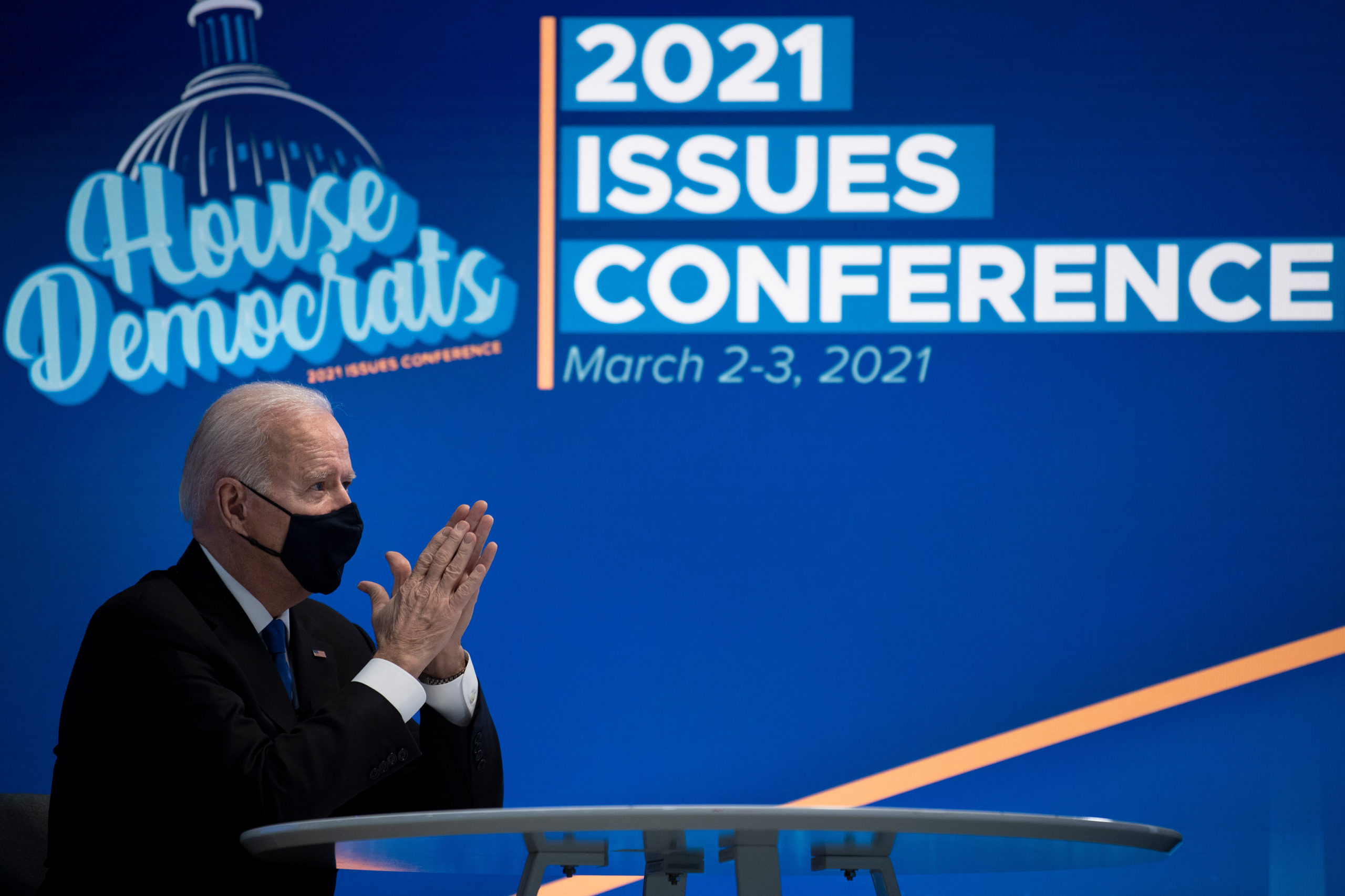 President Joe Biden attends a virtual meeting with House Democrats on Wednesday. (Brendan Smialowski/AFP via Getty Images)
